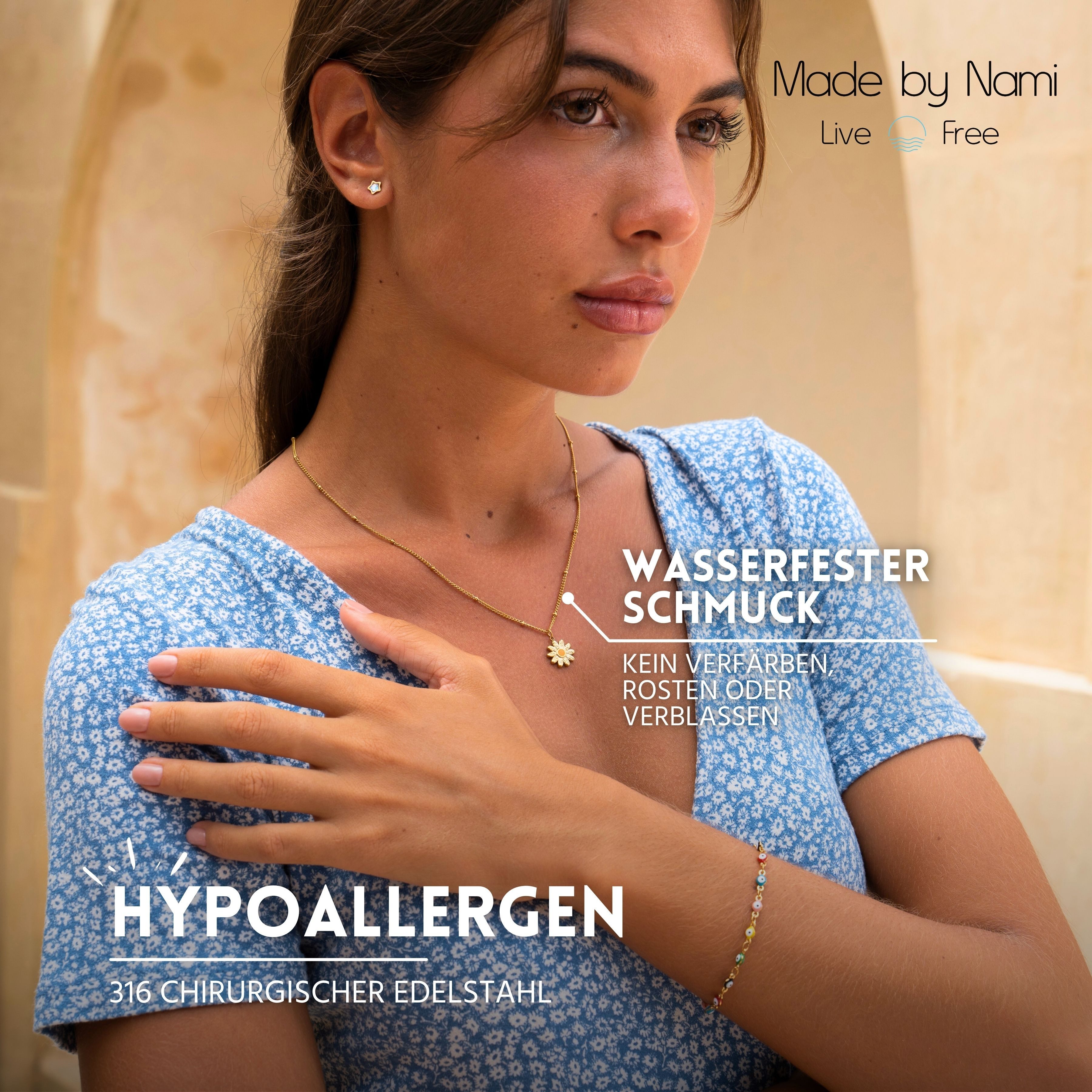 Made by Nami Edelstahlarmband Gold mit Nazar Boncuk Anhängern Perlenarmband günstig online kaufen