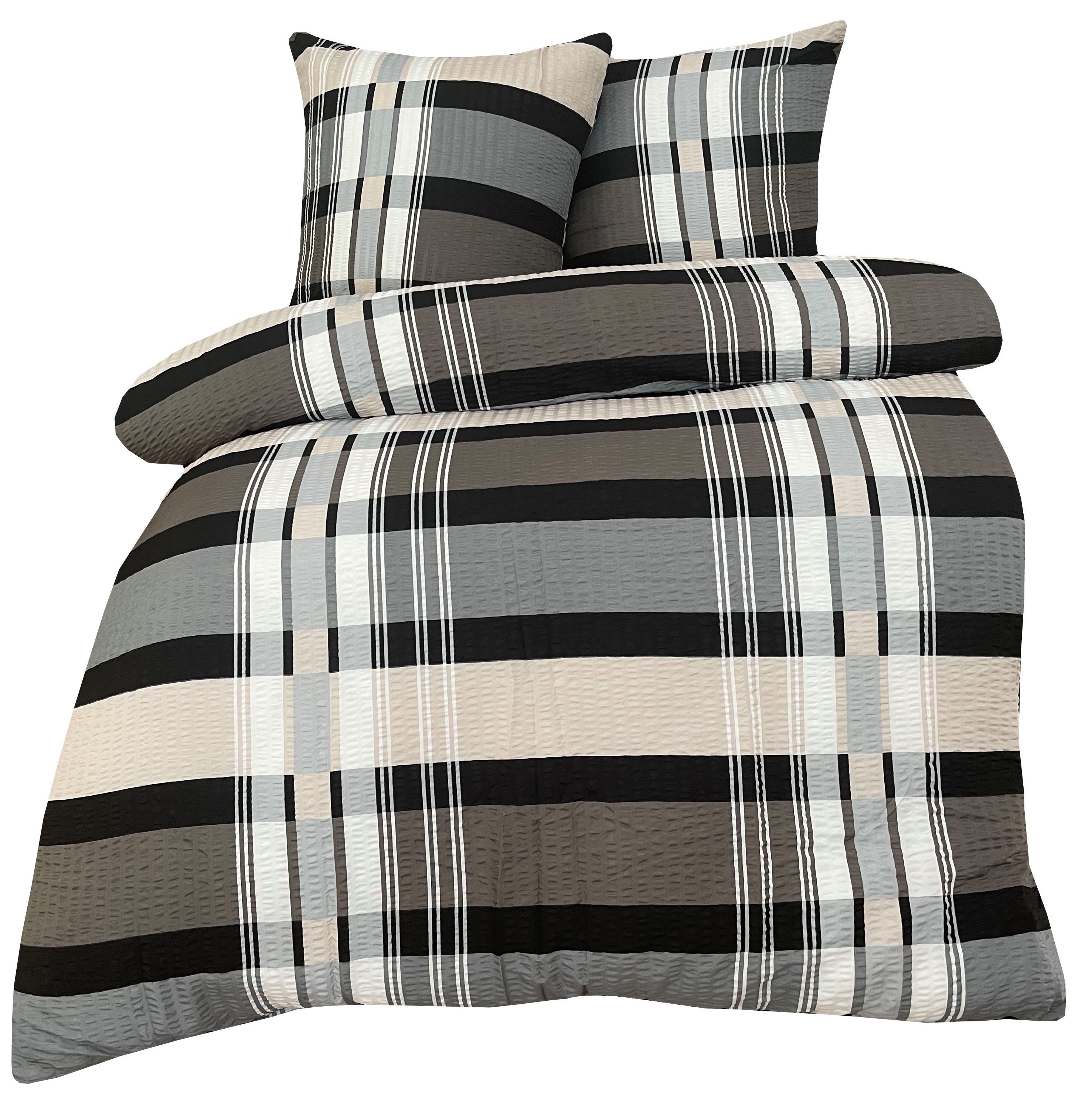 One Home Bettwäsche Kariert schwarz, Seersucker, 2 teilig, Mikrofaser
