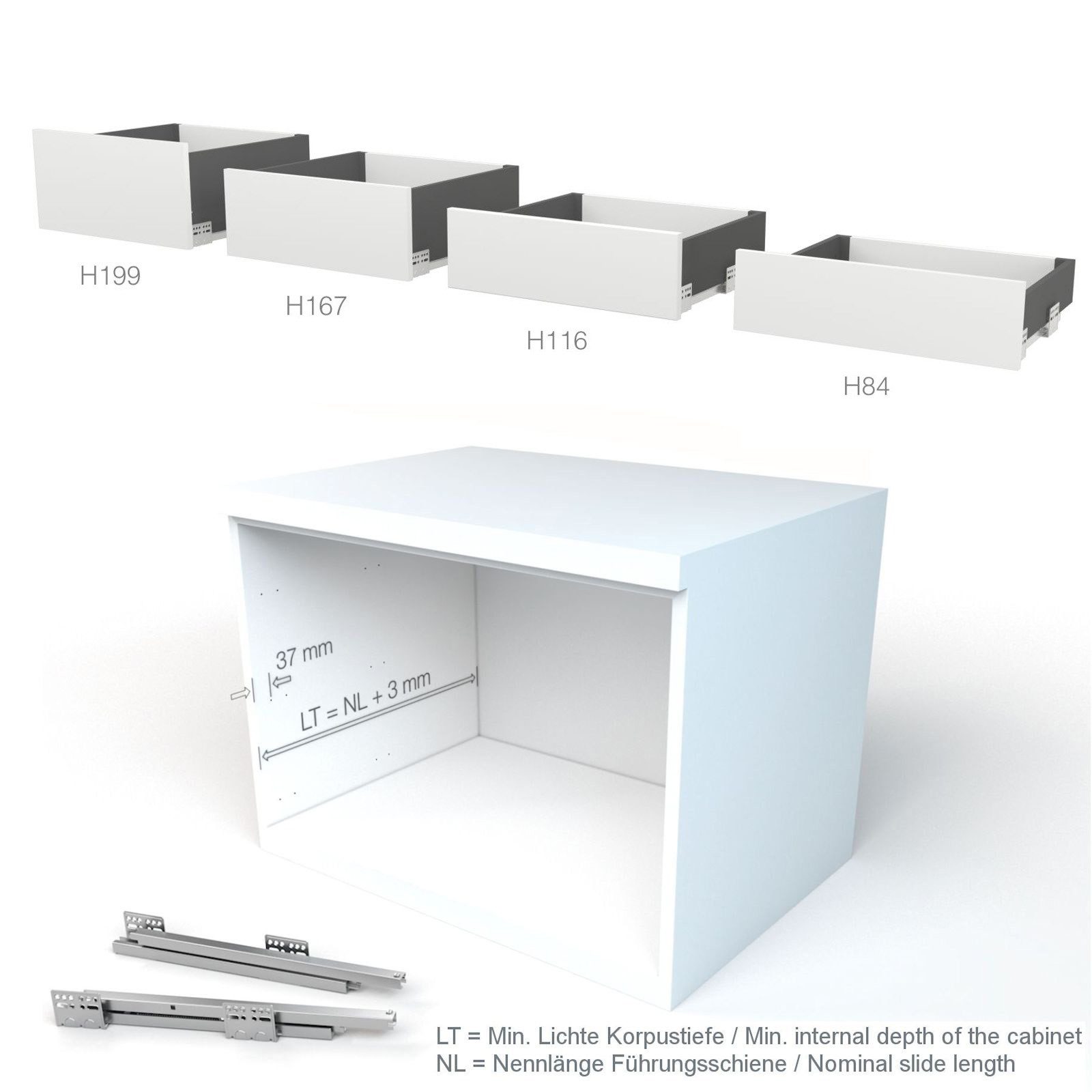 SO-TECH® Schublade Schubladensystem JUNKER SLIM Höhe 116 mm Soft-Close, 40kg, Tiefe 450 mm, Zargenbreite 13 mm, weiß