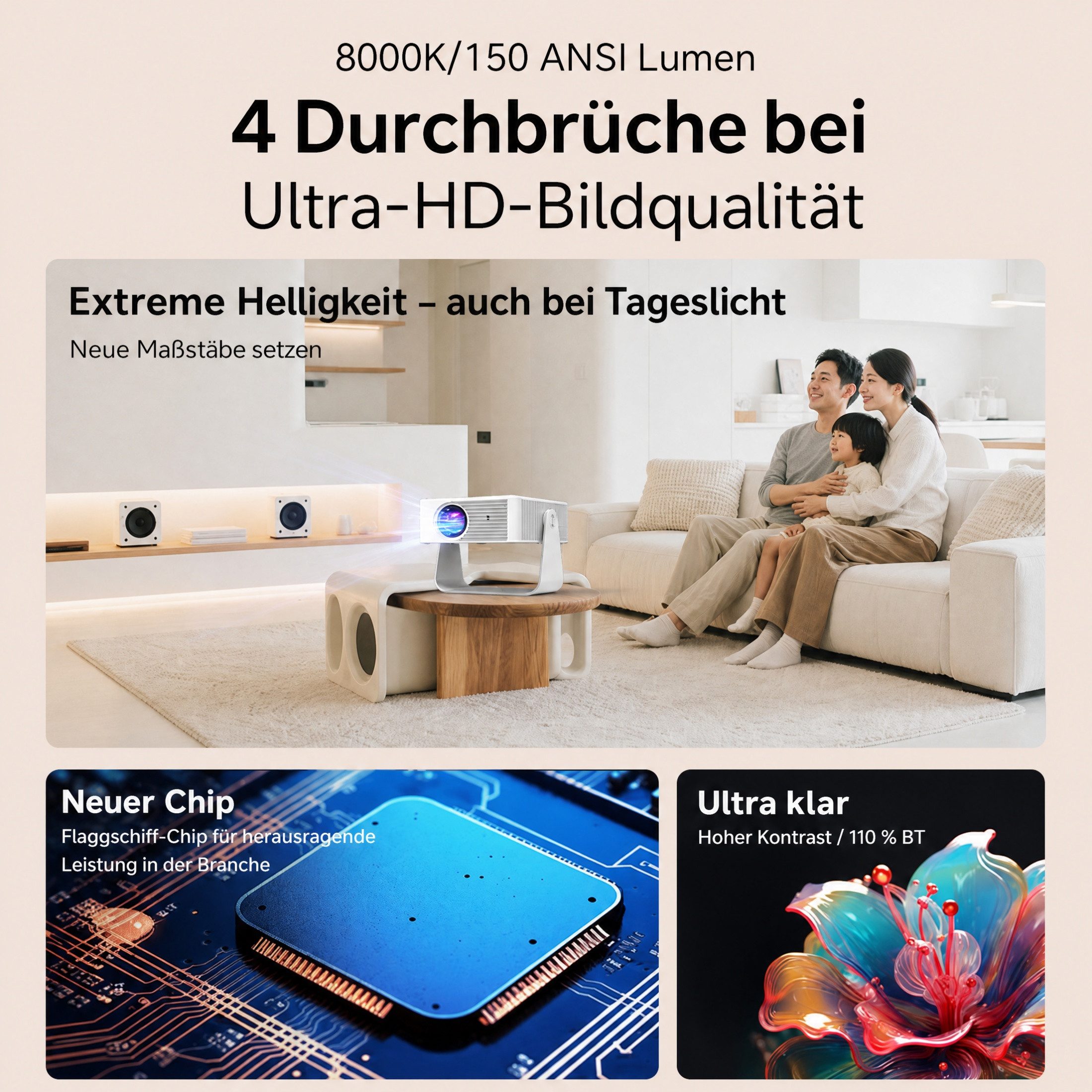 Blossom Projektor Tragbarer Beamer Smart Beamer mit 4K, Android 13, Auto Fokus Beamer (8000 lm, 1500:1, 1280 × 720 px, WiFi6, 360° Projektion, Auto Keystone, Bluetooth 5.2, Heimkino Outdoor)