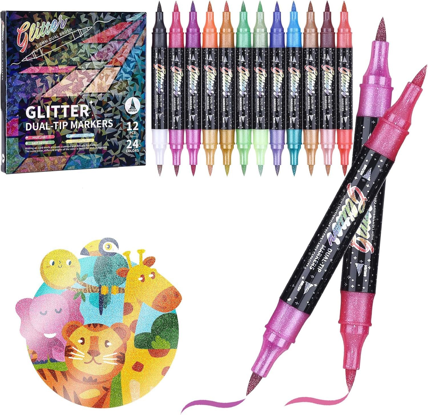 Agger Marker Glitzerstifte Set mit Doppelspitze – Metallische Filzstifte, (12-tlg), für DIY, Karten, Malbücher, Scrapbooking & Handlettering