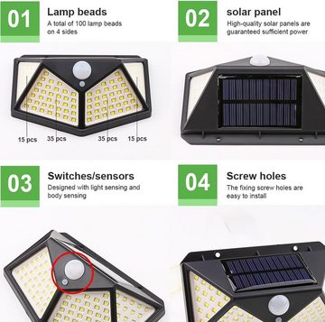 BlingBin LED Solarleuchte 100LED Solarleuchte mit Bewegungsmelder 270 °Vierseitige Beleuchtung, Wasserdicht, LED fest integriert, Tageslichtweiß, Wasserdichte Wandleuchte Solar Aussenleuchte für Garten- 4 Stück