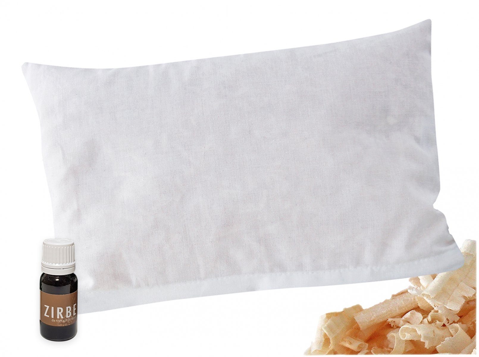 Heubergshop Zirbenkissen, 30x20cm + 10ml Zirbenöl Geschenkidee, Zirbenspäne (Weiß+10ml)