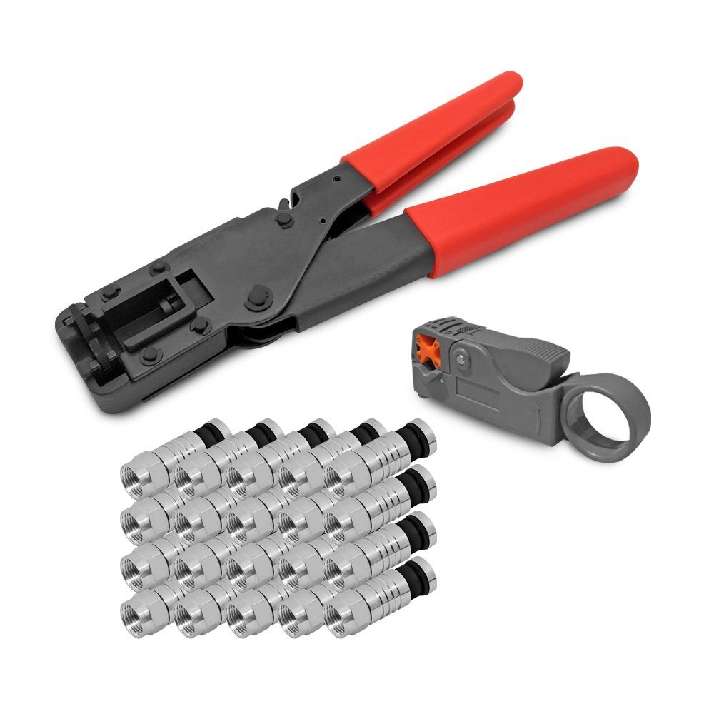 ARLI Crimpzange ARLI Kompressionszange mit F Kompressionsstecker 7 - 7,5 mm, 20-tlg., und Abisolierer TV Sat Antennen Kabel Koaxialkabel Stecker