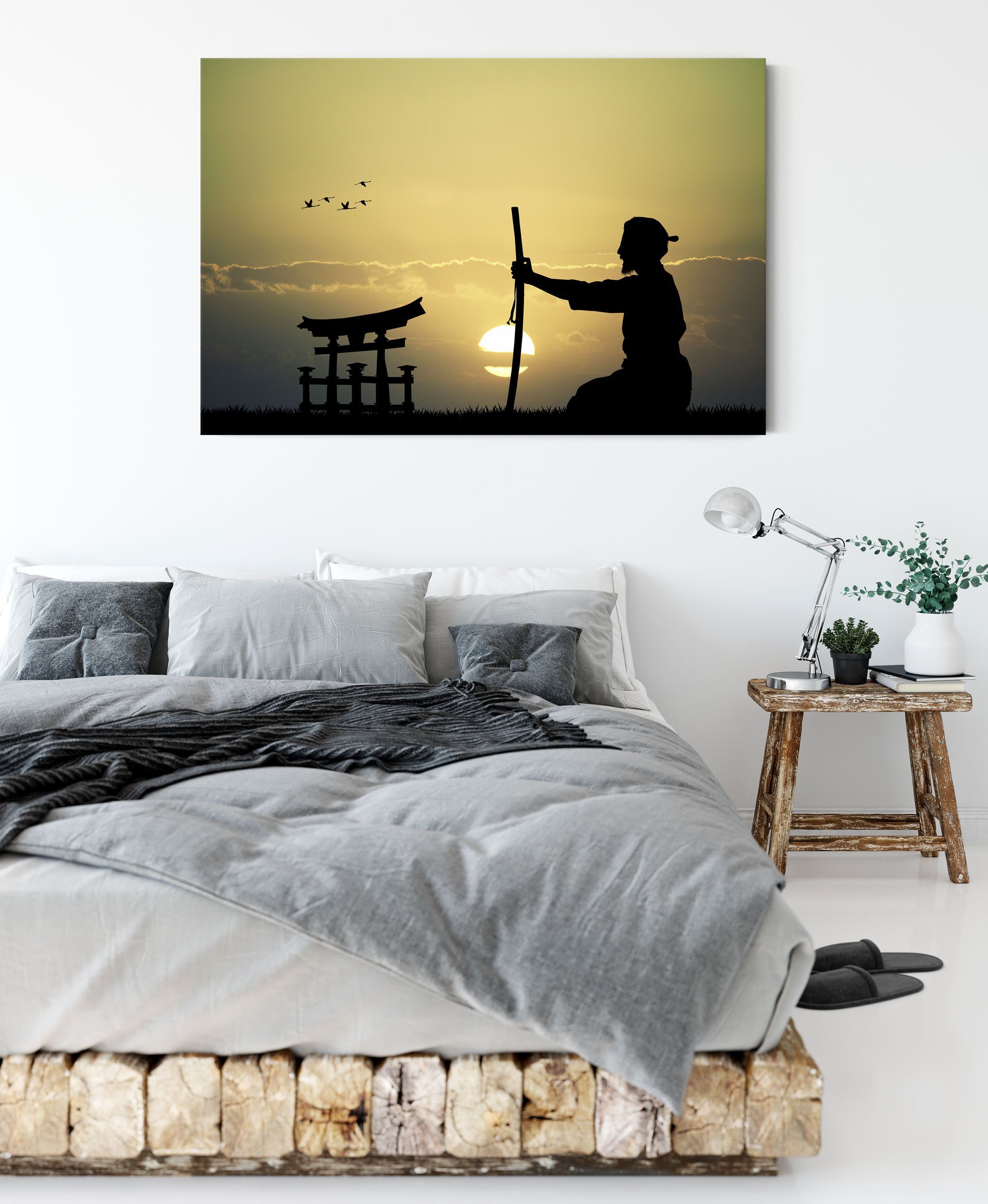 Pixxprint Leinwandbild Samurai-Meister vor St), Zackenaufhänger Samurai-Meister bespannt, (1 Horizont, inkl. Leinwandbild fertig vor Horizont