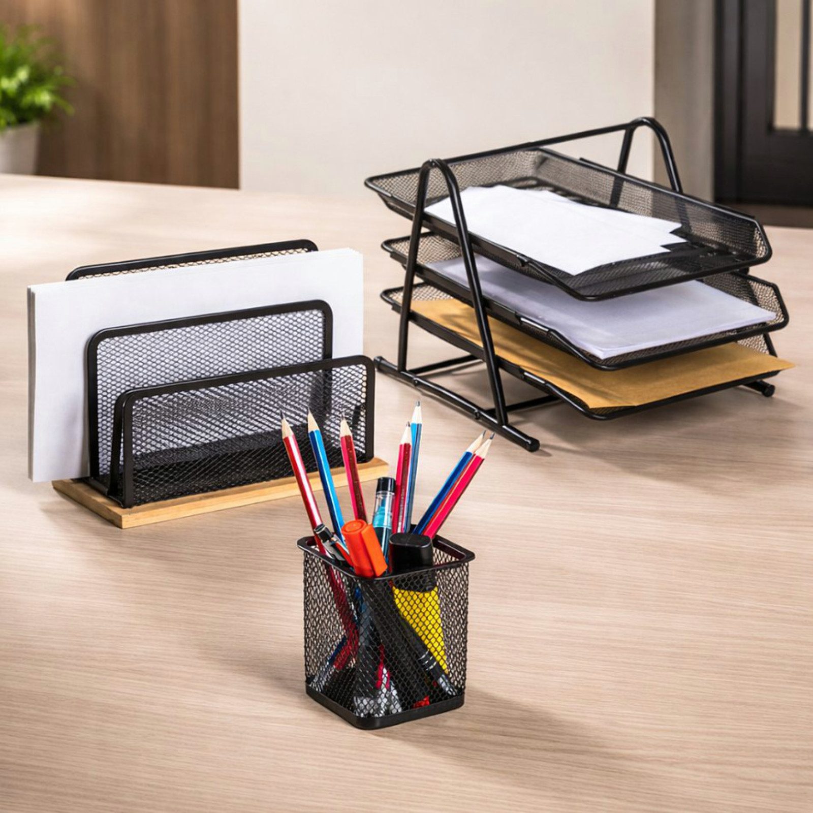 Haushalt International Büro-Set Schreibtischset Stiftehalter Briefablage Organizer 3tlg Schwarz Metall, (3-tlg), Stiftebox, Modern, Papieraufbewahrung, Schlicht