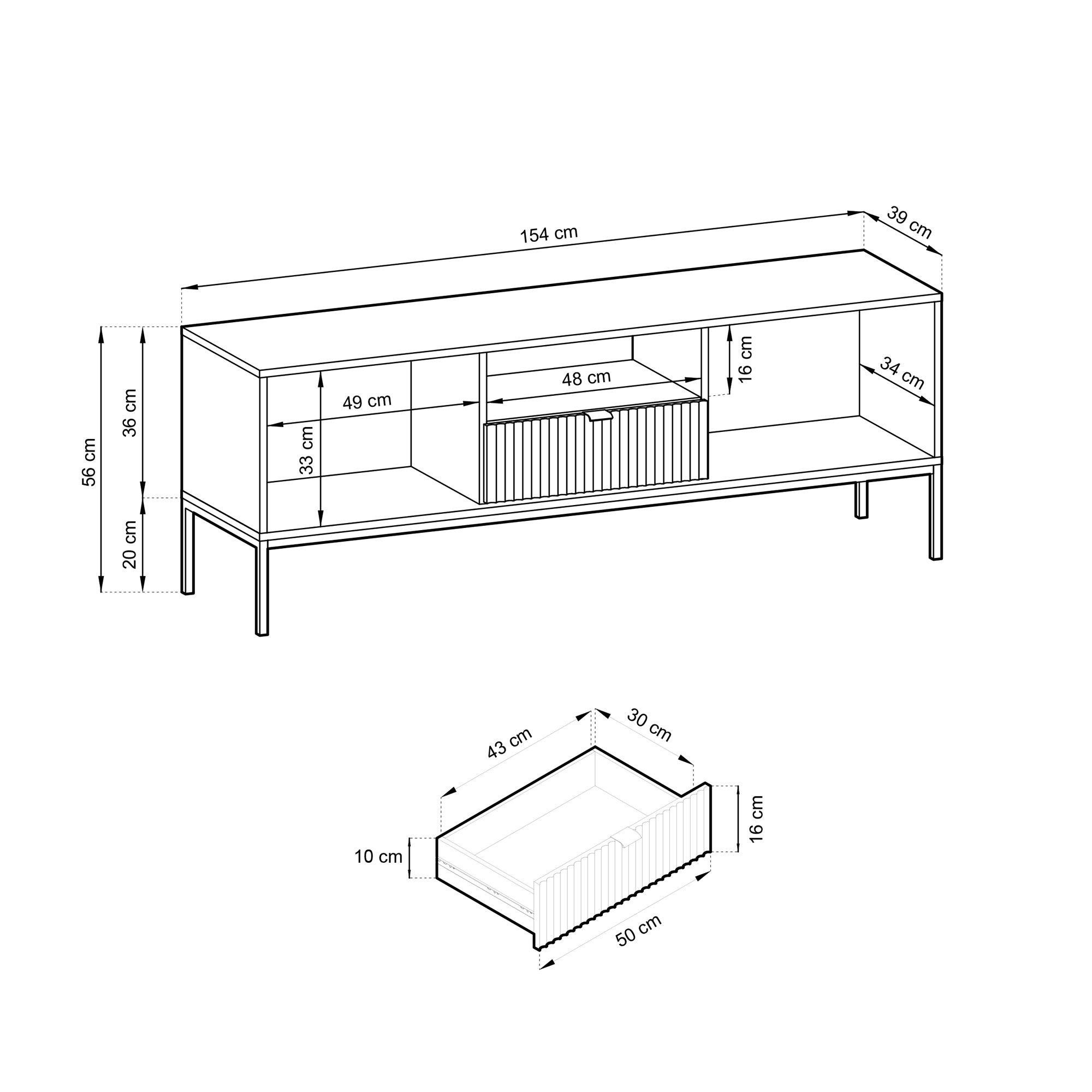 Selsey TV-Schrank VELLORE mit gerillten Fronten, goldenen Griffen und Metallbeinen, 154 cm