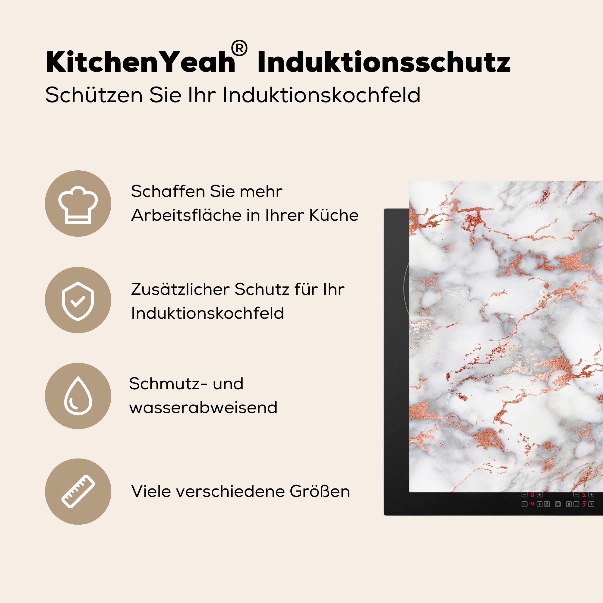 MuchoWow Herdblende-/Abdeckplatte tlg), die - küche, Vinyl, für Induktionskochfeld Roségold - Luxus, (1 Marmor Ceranfeldabdeckung 81x52 Schutz cm