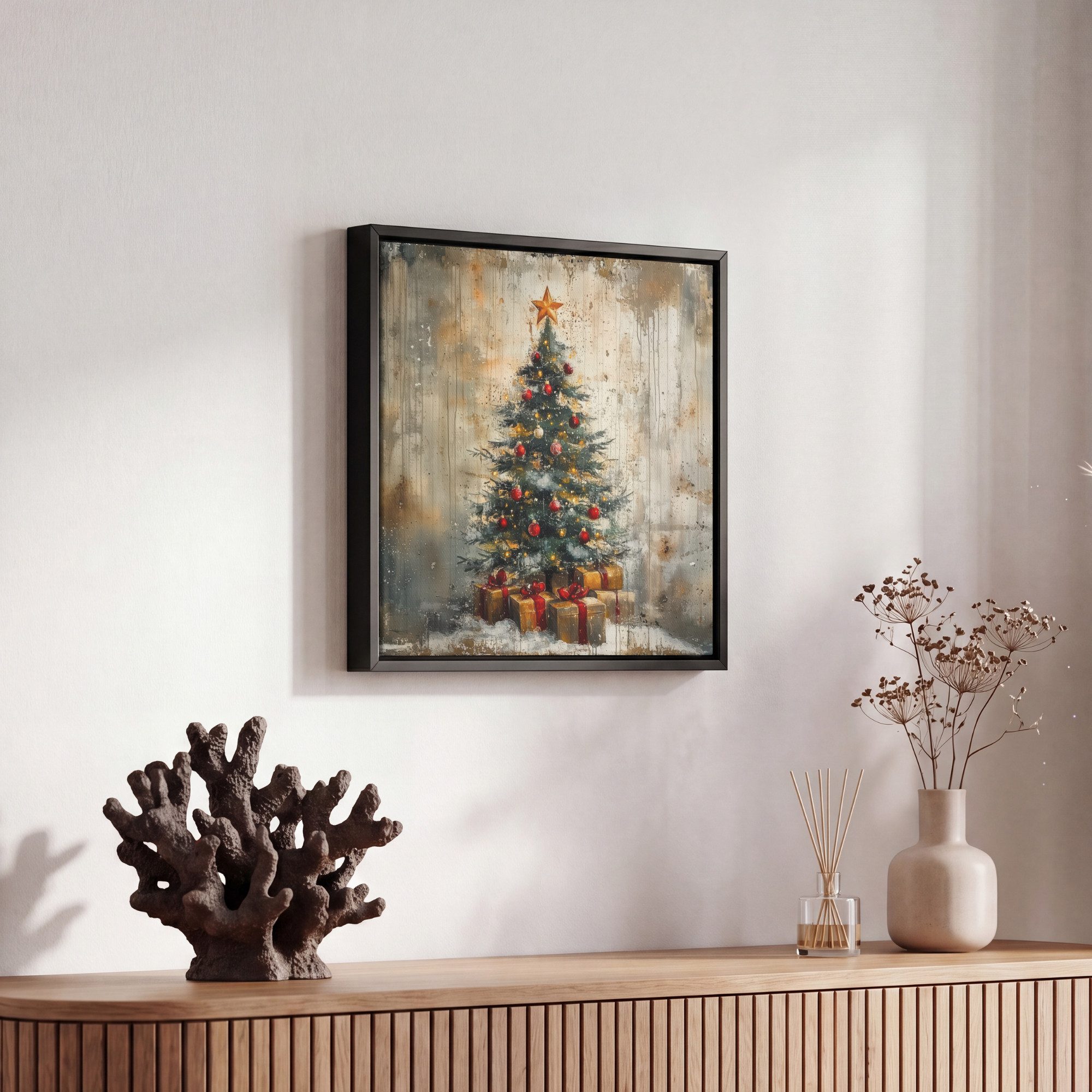 OneMillionCanvasses® Leinwandbild mit Rahmen - Weihnachtsbaum - Vintage - Weihnachten - Geschenk, Fotodruck (1 St), Leinwand Bilder Klein, Wand Dekoration Aesth – Bild 5 von 5