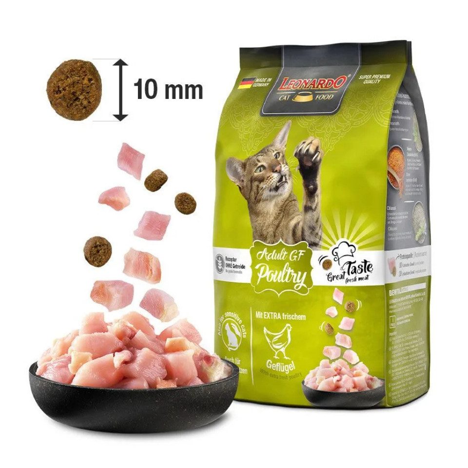 Leonardo Catfood Adult GF Poultry - getreidefreies Trockenfutter mit Geflügel, Trockenfutter für: Katzen