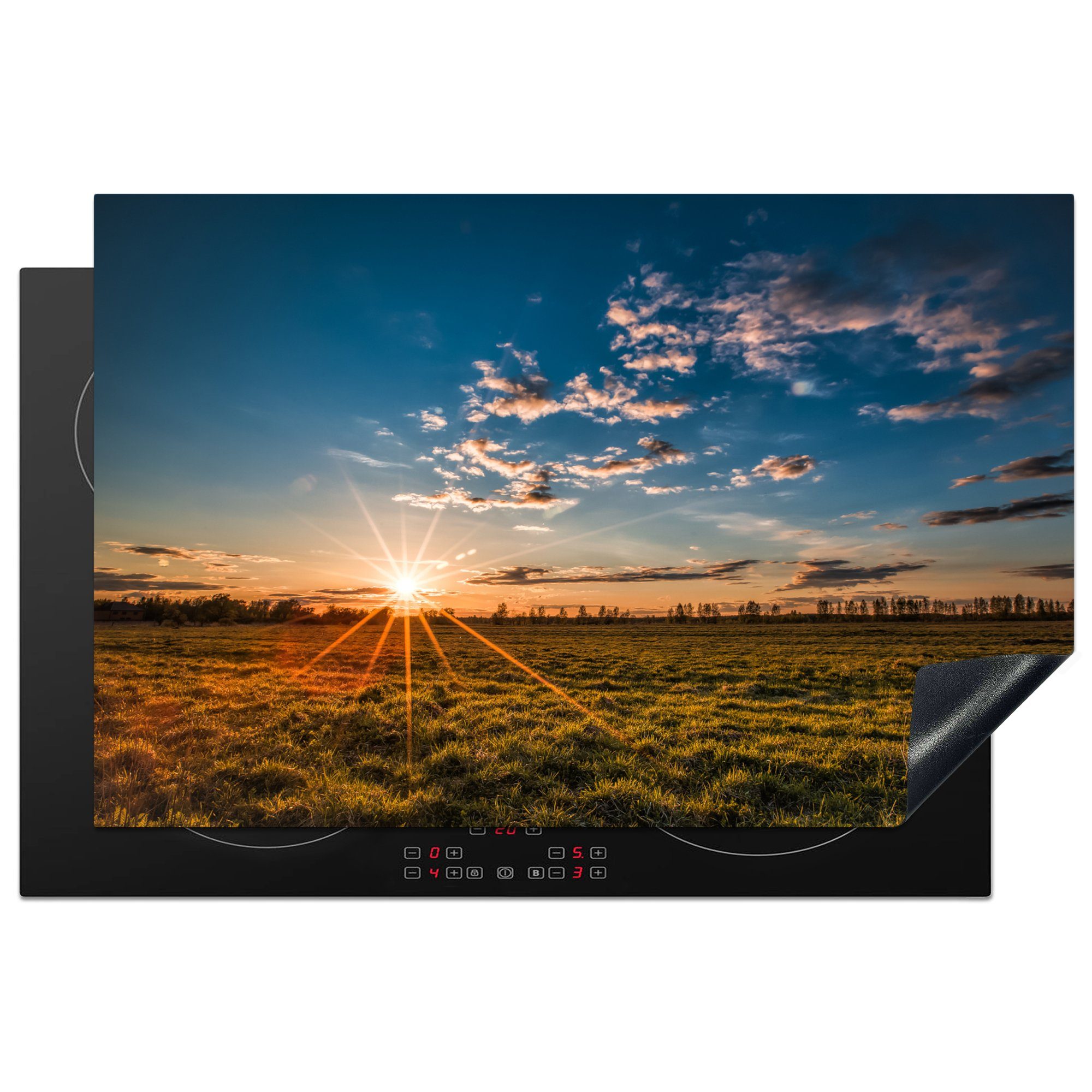 MuchoWow Herdblende-/Abdeckplatte Sonnenuntergang - Natur - Wolken - Gras, Vinyl, (1 tlg), 81x52 cm, Induktionskochfeld Schutz für die küche, Ceranfeldabdeckung
