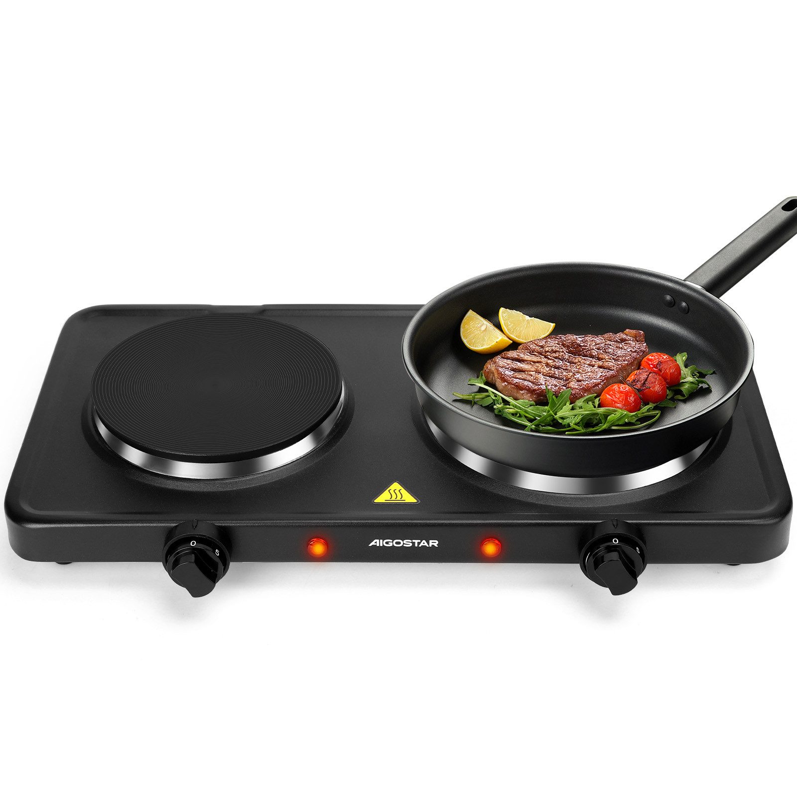 Aigostar Elektro-Kochfeld 2500W, 2 kochfelder, 5 Stufen einstellbarer Thermostat, Überhitzungsschutzfunktion, 5 Stufen einstellbarer Thermostat,Anti-Rutsch-Pad geeignet für Camping