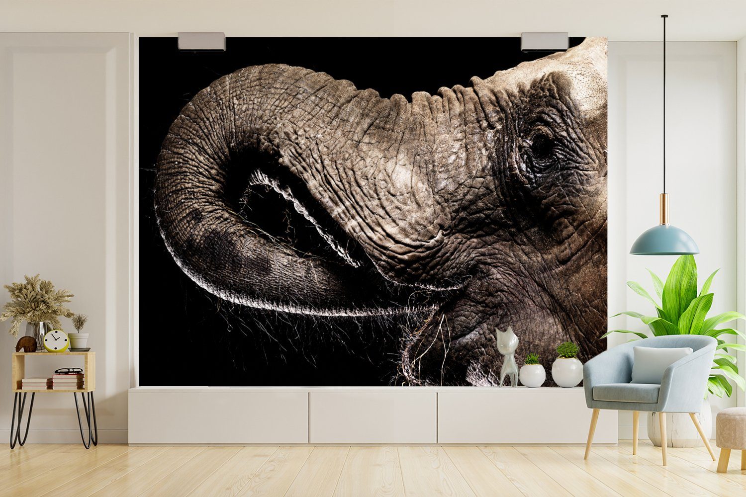 für Tiere Tapete (6 Vinyl Fototapete Schwarz Schlafzimmer, - - Kinderzimmer, Wallpaper St), Wohnzimmer, MuchoWow Natur, Matt, Elefant bedruckt, -