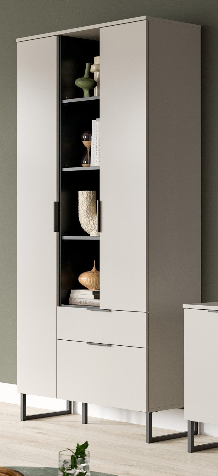 Inn.Furn Stauraumschrank Morena (Wohnzimmerschrank in Sand / Kaschmir, 3-türig, 90 x 192 cm) 12 Fächer, Soft-Close-Funktion