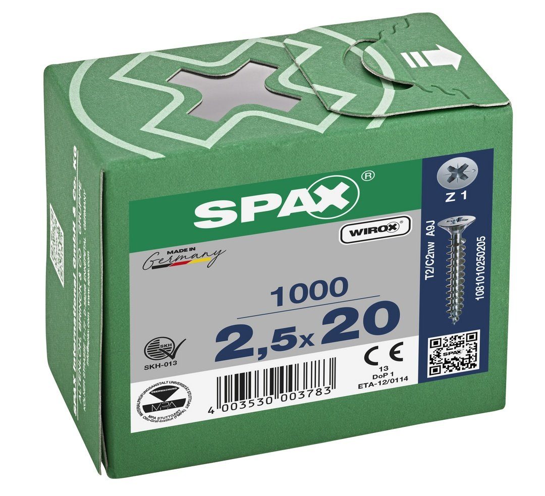 SPAX Spanplattenschraube Universalschraube, (Stahl weiß St), 1000 2,5x20 verzinkt, mm