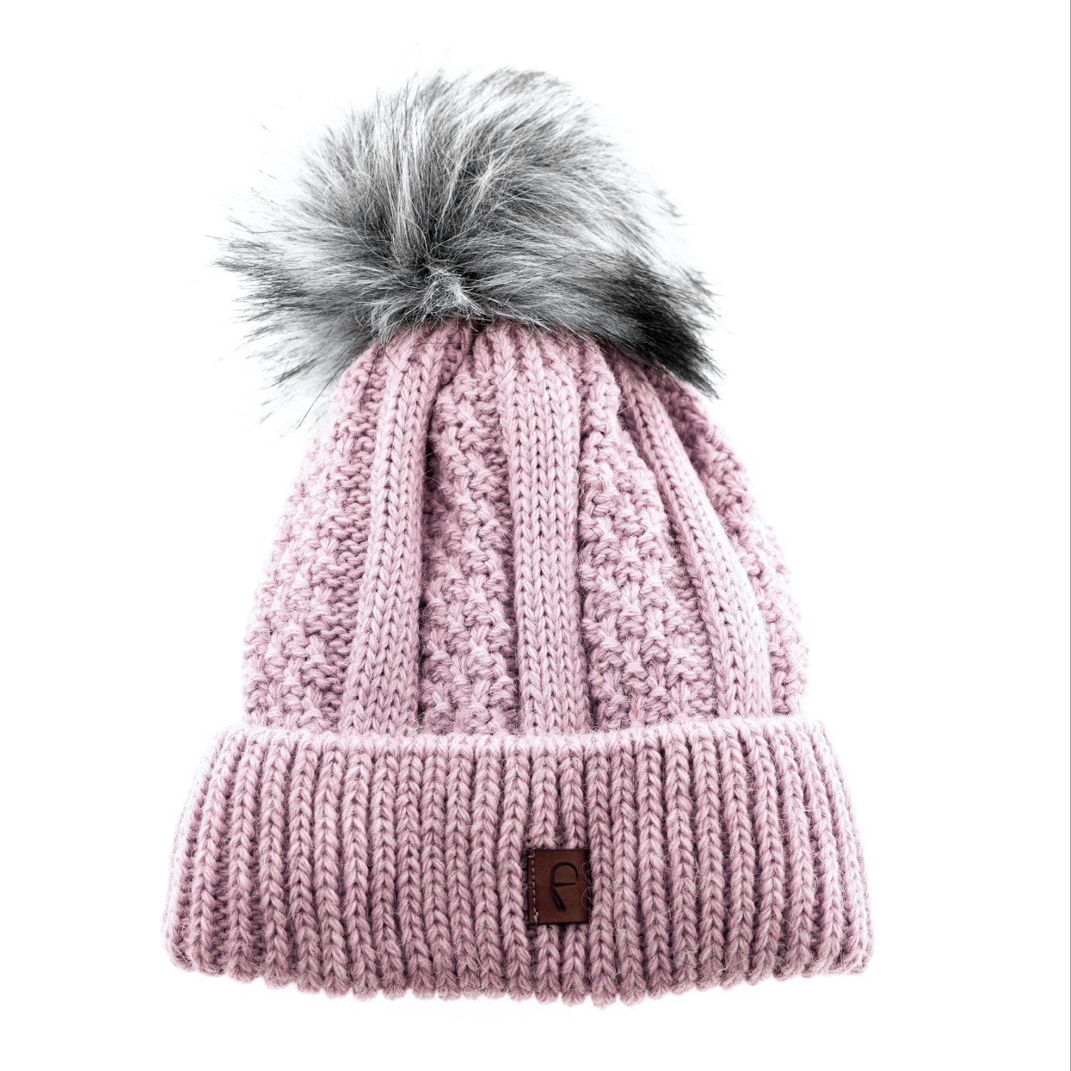 Faera Bommelmütze Wintermütze gefüttert Kunstfell Bommel-Mütze Strickmuster One Size