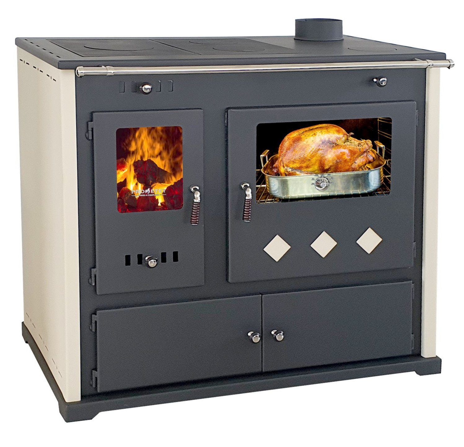 A+ Prometey Practik Küchenherd Küchenofen und mit Kaminofen 9,50 Kaminofen kW, Backfach mit Lux Backfach Herdplatte Zeitbrand, 9,5 kW, EEK Backofen, mit