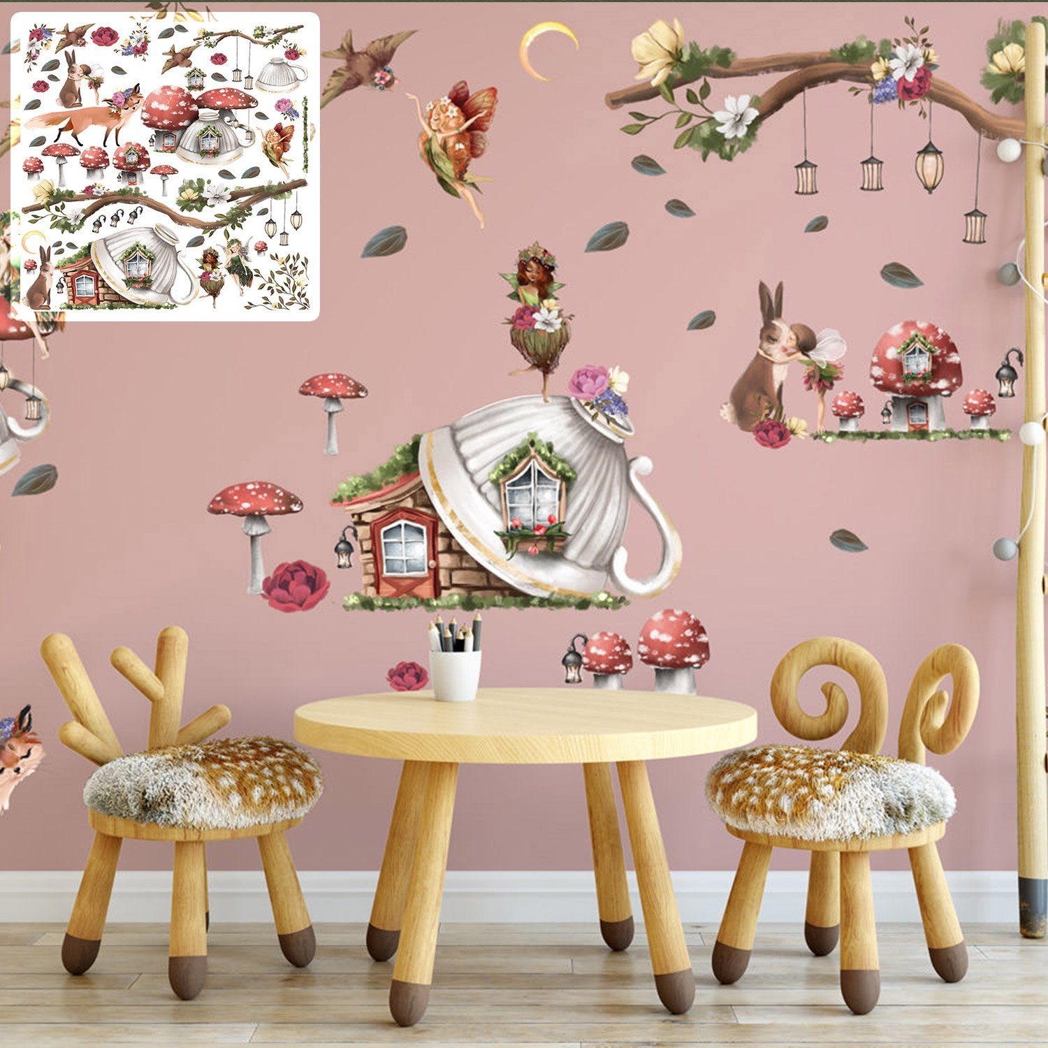 Sunnywall Wandtattoo XXL Wandtattoo Feenzimmer Zauberwald Elfe Set verschiedene Motive Kinderzimmer Aufkleber bunt Wanddeko Fairy