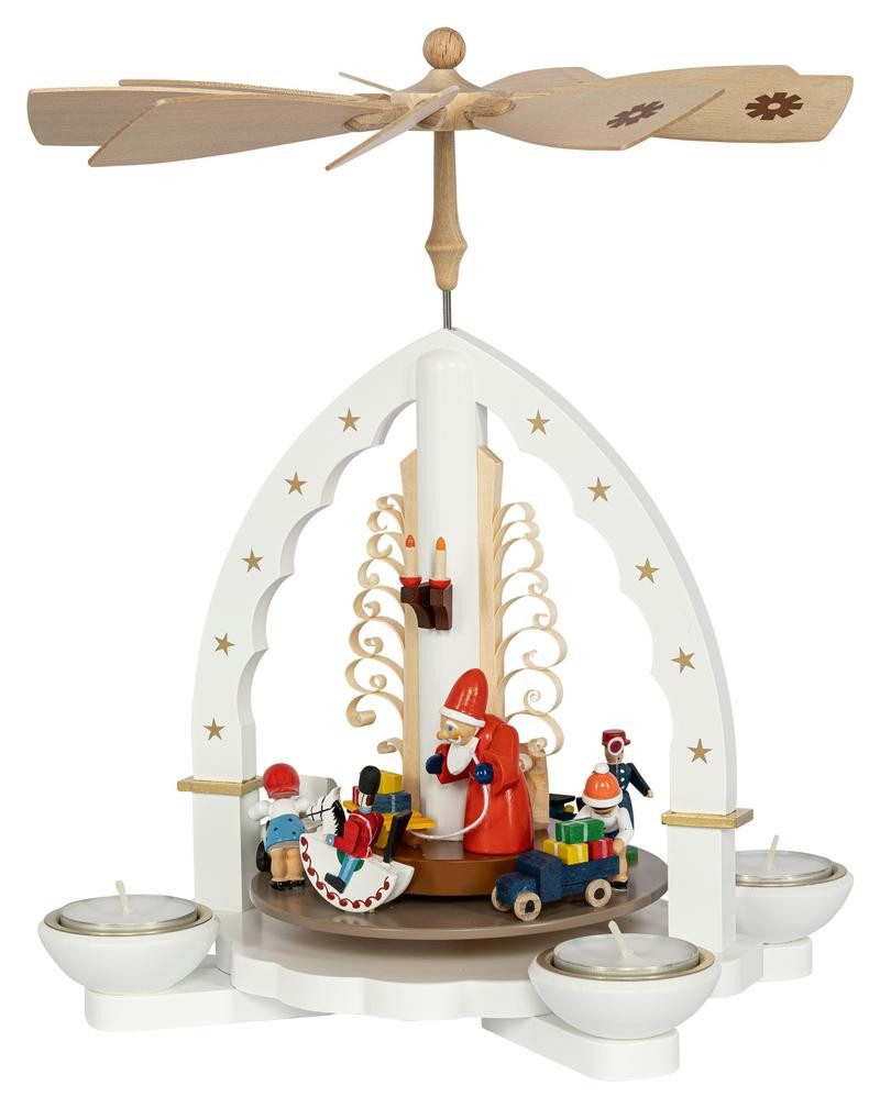 Richard Glaesser Weihnachtspyramide Bescherung weiß für Teelicht und Kerzen, Höhe 27cm, Handwerkskunst original Erzgebirge