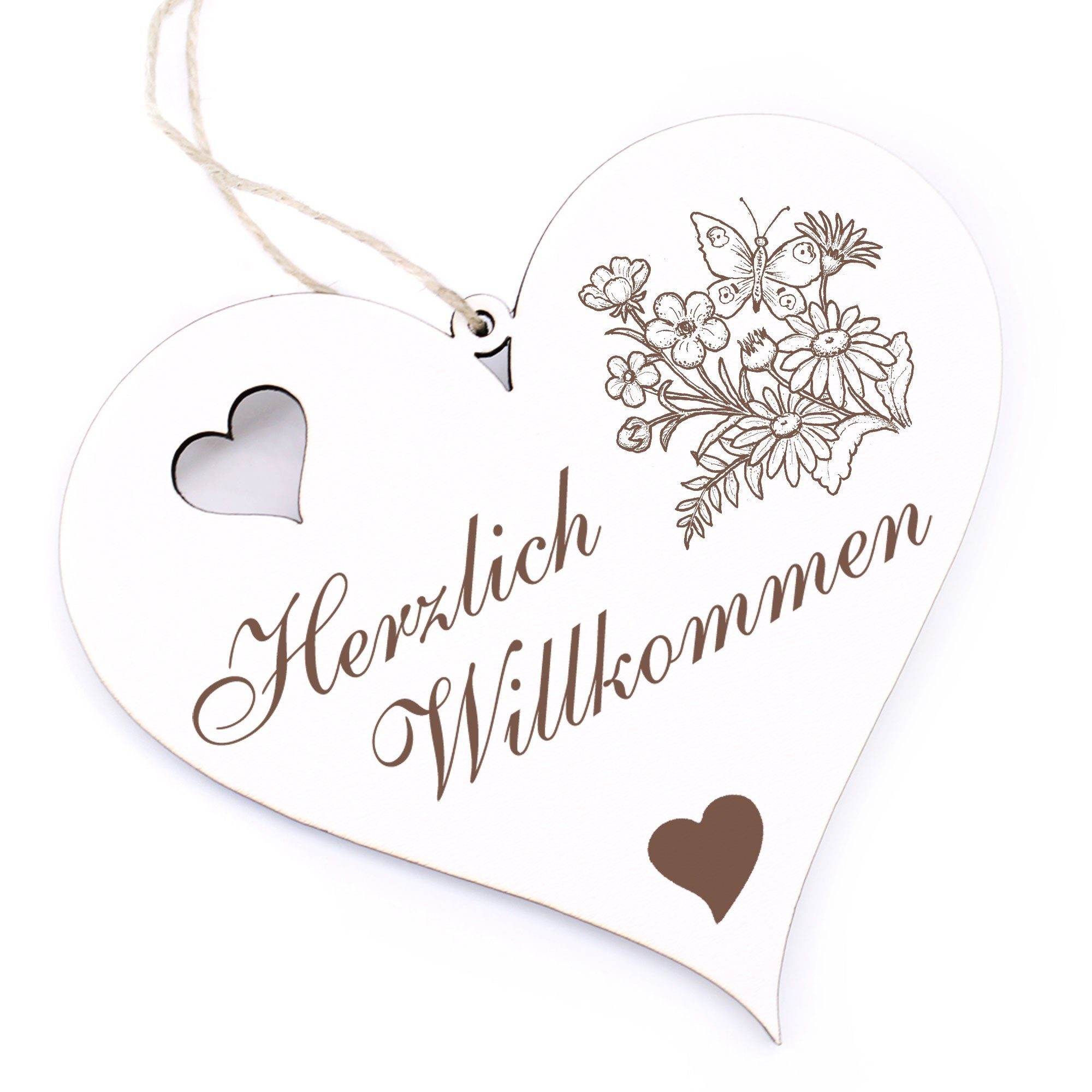 Dekolando Hängedekoration Herzlich Willkommen - Blumen mit Schmetterlingen - 13x12cm