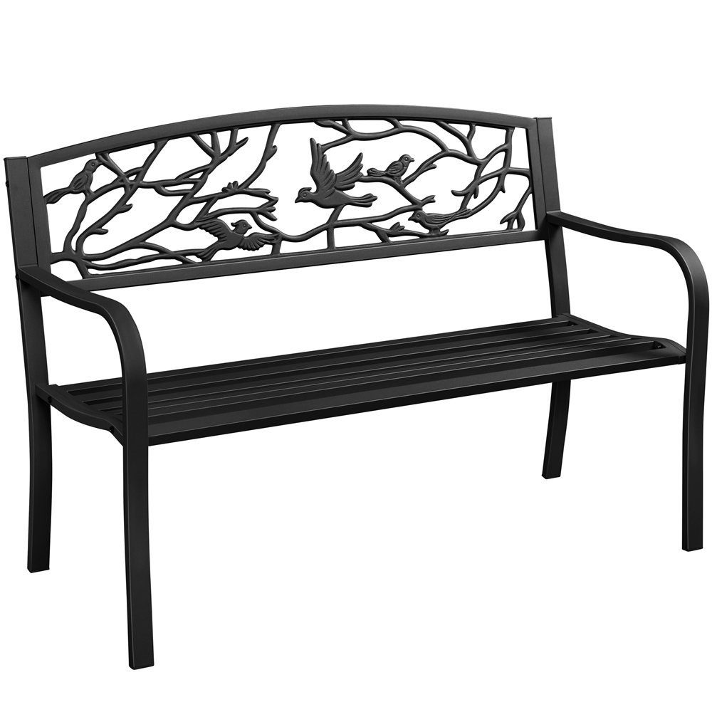 Yaheetech Gartenbank aus Pulverbeschichtetem Metall mit Vogelmuster im Vintage-Stil, 3-Sitzer-Metallbank für Garten/Terrasse/Balkon
