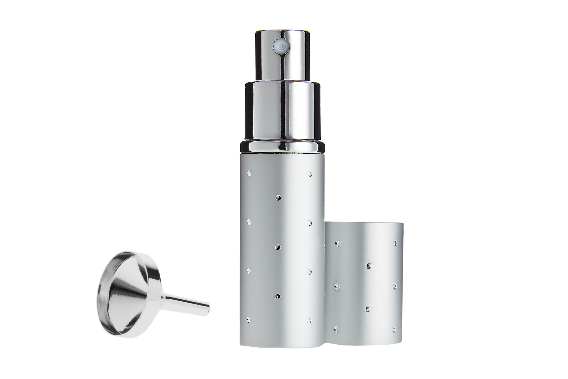 Fantasia Beauty Parfümzerstäuber Taschenzerstäuber Silberfarben für 10 ml + Trichter silberfarben (1 St), Parfümzerstäuber Silberfarben mit Trichter silberfarben