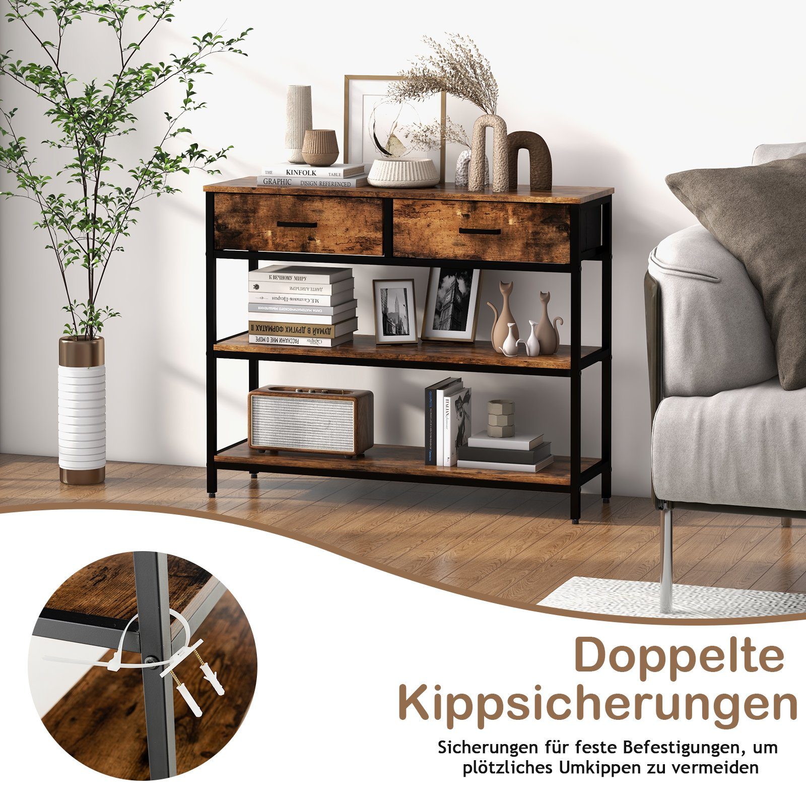 COSTWAY Konsolentisch, mit 2 Stoffschubladen, Kippschutz, Metallrahmen 100cm