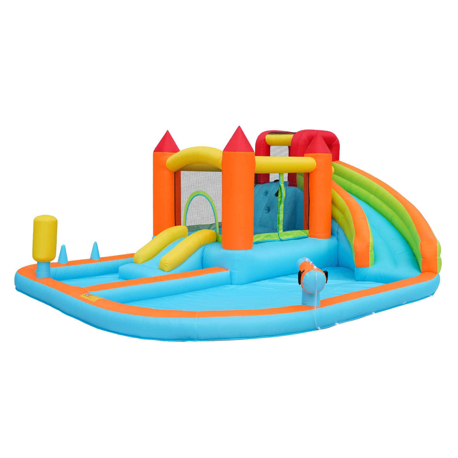 MODFU Hüpfburg Multifunktionale Hüpfburg für Kinder, (für Kinder von 3 bis 8 Jahren, 1-tlg., Wasserrutsche + Trampolin + Basketballkorb + Wasserpistole), 2 Poolbereiche, 1 große und 1 kleine Rutsche für trockene/nasse