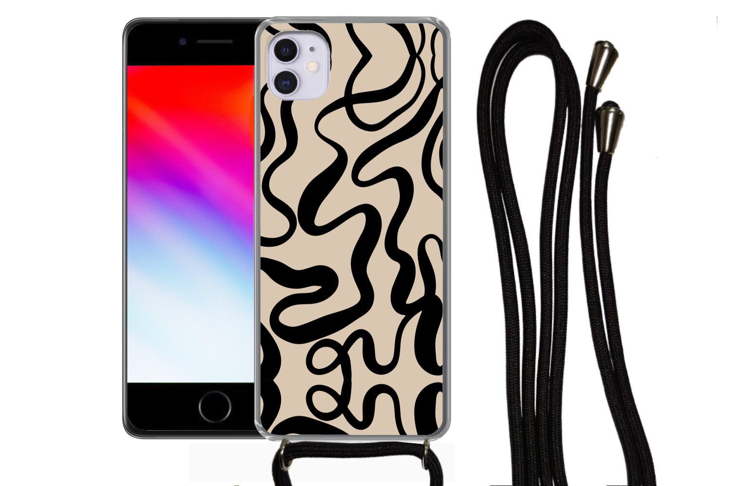 MuchoWow Handyhülle für Apple iPhone 12 Mini Linien - Schwarz - Beige - Abstrakt - Minimal, Tragbare Handyhüllen mit Kette zum umhängen, Handykette Handyband