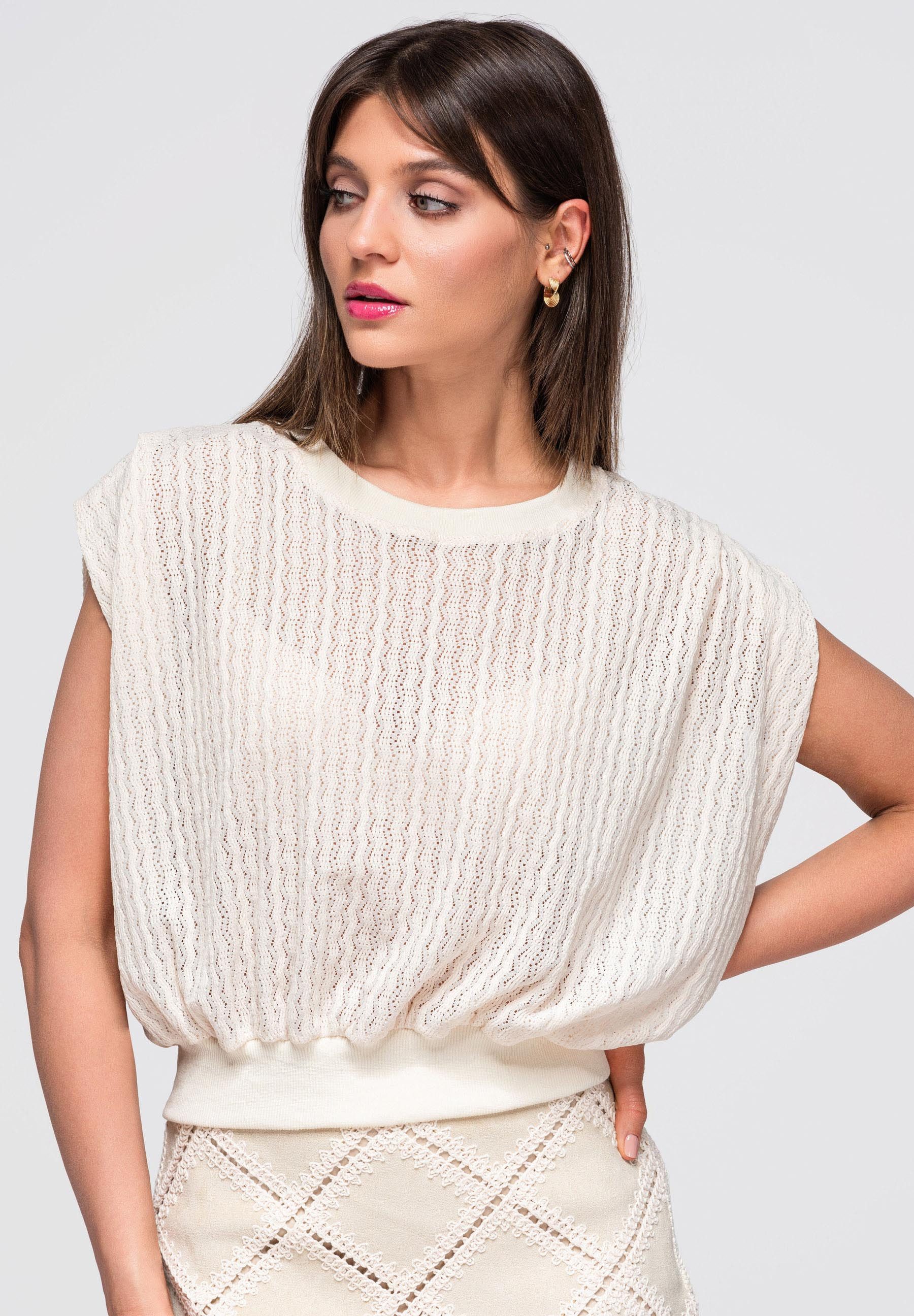 OMBRE Hemdbluse Damen Bluse mit elastischem Bund Elegant Ecru ONESIZE (kein Set, 1-tlg)