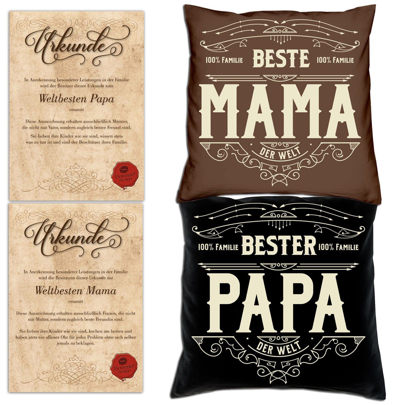 Soreso® Dekokissen Kissen-Set Bester Papa Beste Mama mit Urkunden, Weihnachtsgeschenk für Eltern braun