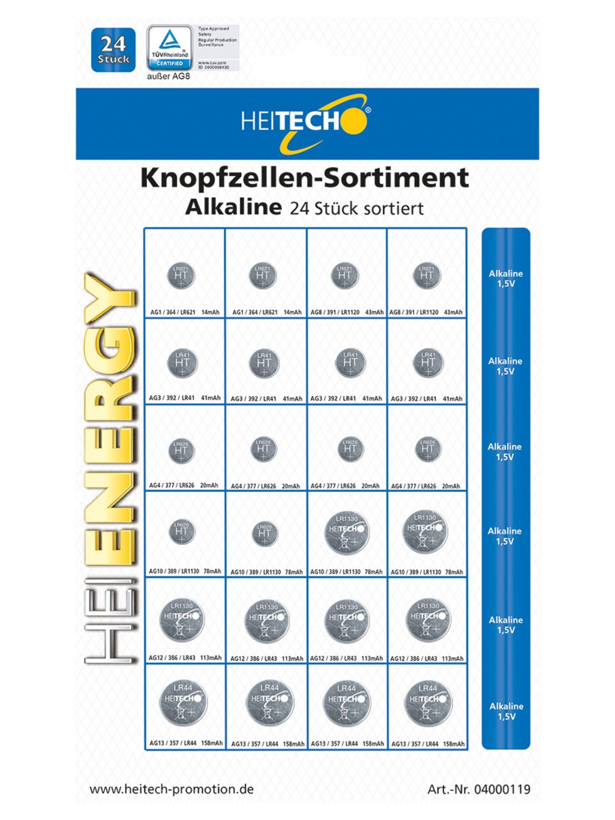 HEITECH Knopfzellen-Sortiment Alkaline 24 Stück sortiert Knopfzelle