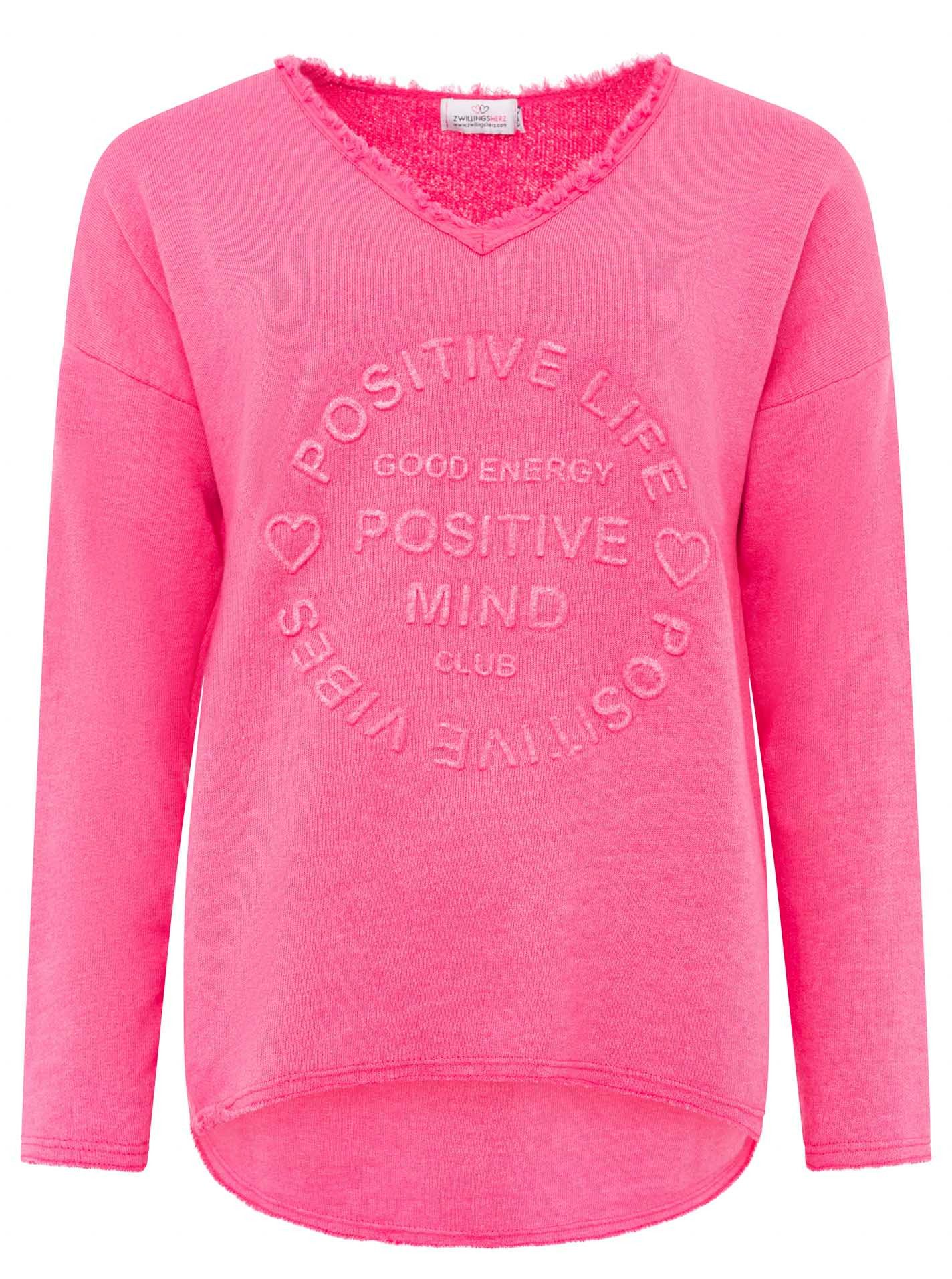 Zwillingsherz Sweatshirt "Positive Mind" ausgefranster V-Ausschnitt, Used Look, Langarm, Schriftzug