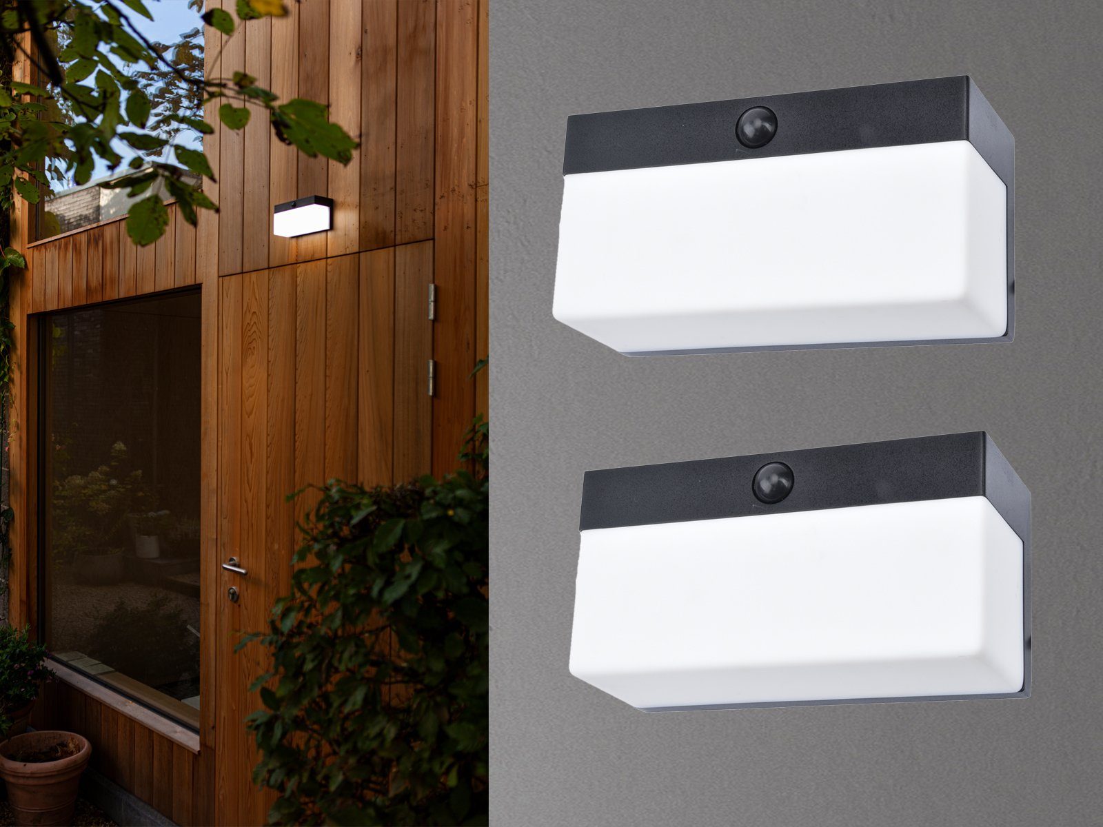 meineWunschleuchte LED Außen-Wandleuchte, Bewegungsmelder, - Tageslichtweiß, SET Hauswand Solarlicht Bewegungsmelder, mit LED 2er 18cm Solar-leuchte Warmweiß B: fest integriert