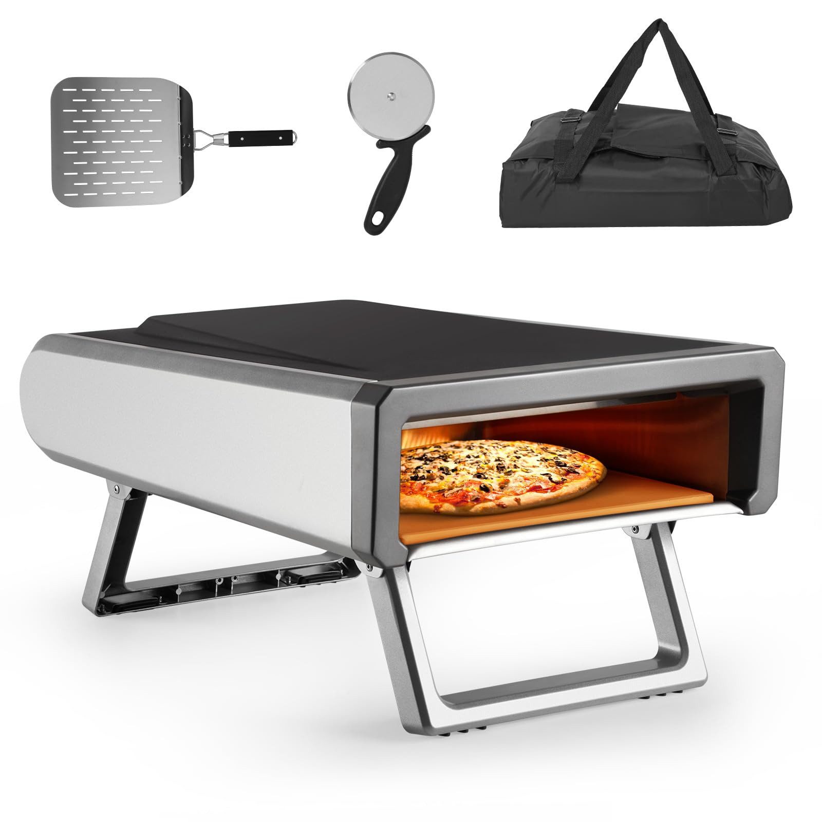 GarveeMore Gas-Pizzaofen aus Edelstahl mit Reisetasche, 12 Zoll Pizza in 60 Sekunden, 510°C, tragbar, zusammenklappbare Beine, für Outdoor-Camping und Garten