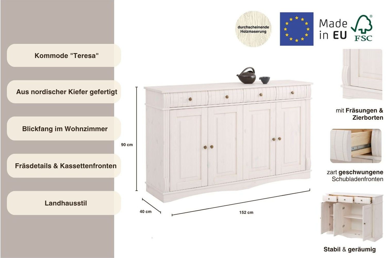 OTTO home Sideboard Teresa (Maße (B/T/H): 152/37/90 cm), Kommode, 4-türig, Breite 152 cm, aus massiver Kiefer, FSC® – Bild 3 von 5
