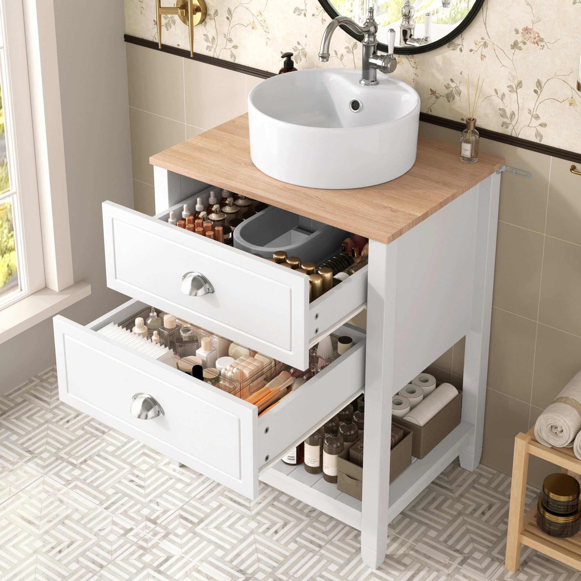 Flieks Waschtisch Waschbeckenunterschrank mit runder Waschbecken (B60/T45/H91 cm, 1-St., bodenstehend, Waschbeckenunterschrank in Weiß und Holzoptik), Badmöbel-Set mit 2 Schubladen und Ablagen Badzimmerschrank