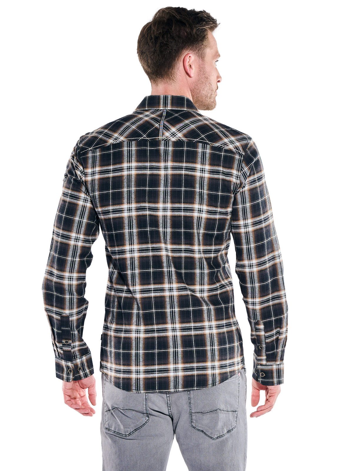 Engbers Langarmhemd Herren Karo Overshirt mit Reißverschluss, Schwarzbraun