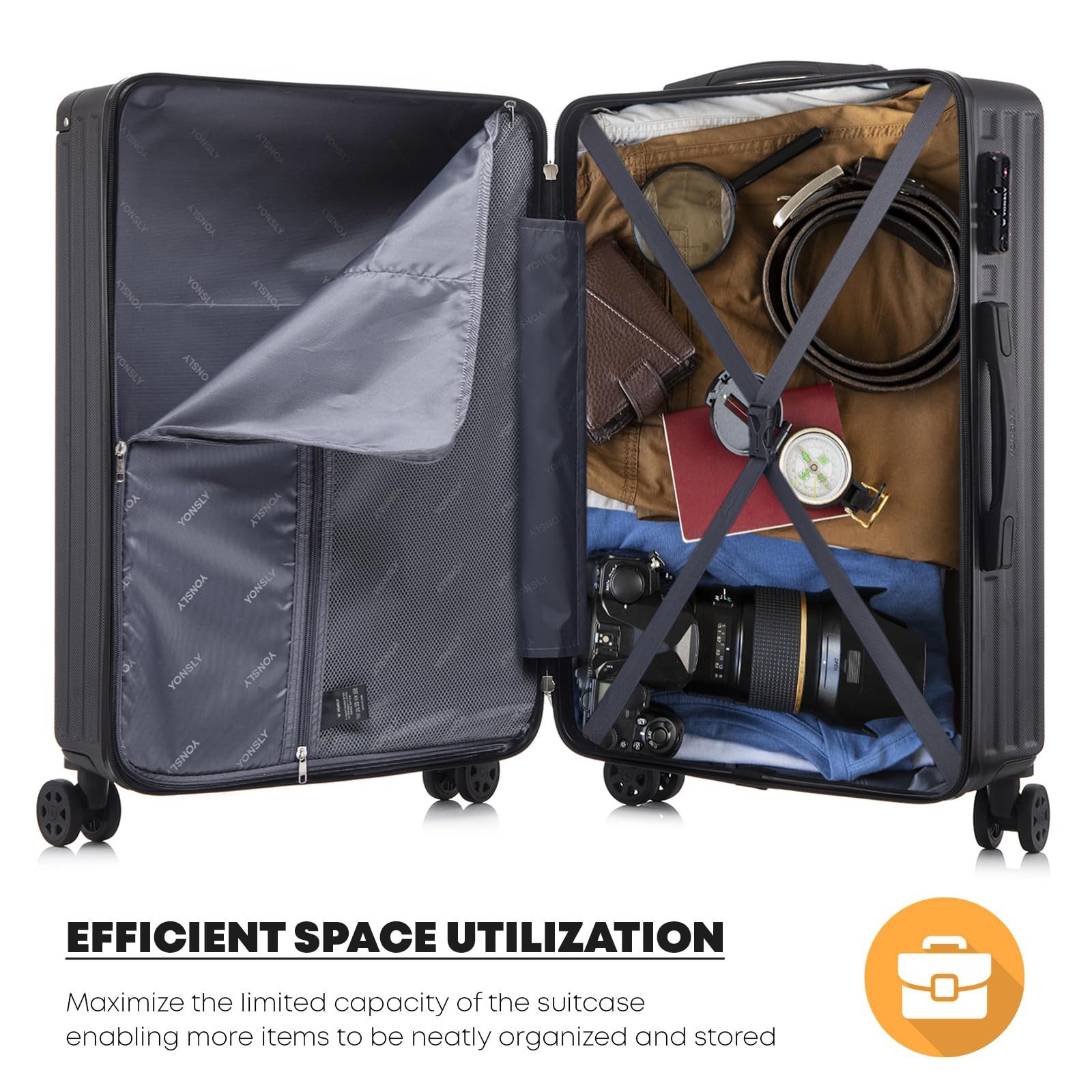 YONSLY Trolley Premium Hartschalen-Reisekoffer Trolley Handgepäck, 4 Rollen, TSA-Schloss, YKK-Reißverschluss, ABS-Hartschale, Aluminium