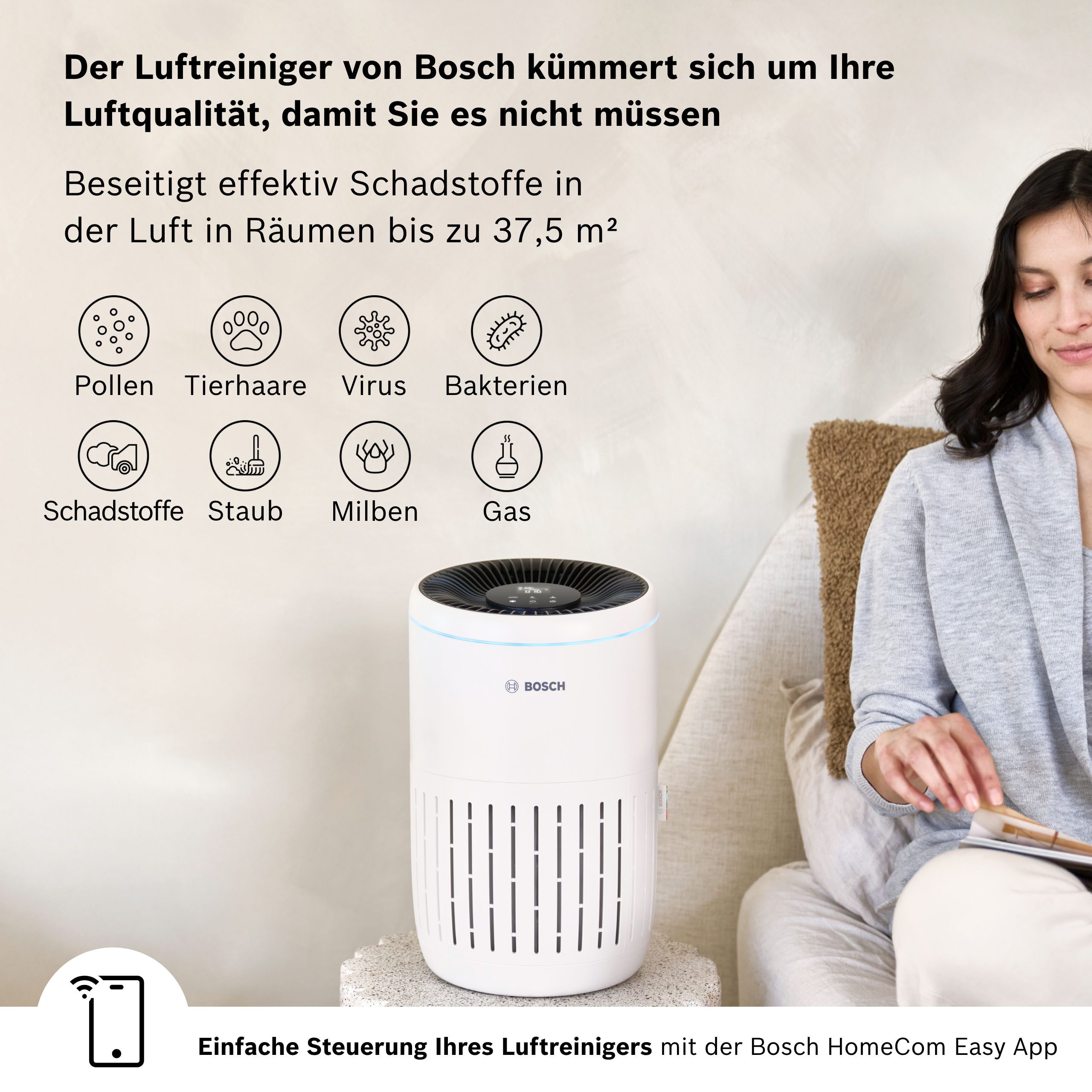 BOSCH Luftreiniger Air 2000i, kompakt mit App-Steuerung, für 37 m² Räume, mit 3-in-1 Luftfilter, Smart Sensor, Automatik-, Ruhemodus < 25 dB(A)