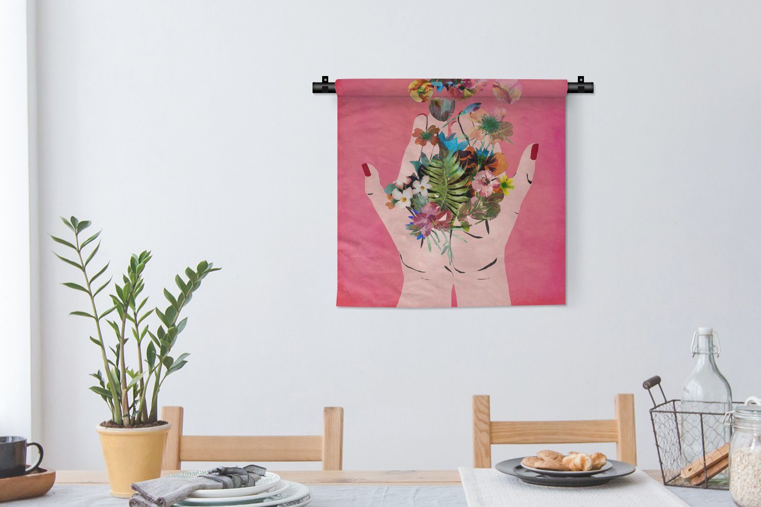 Rosa Blumen für Kleid, Abstrakt Wanddekoobjekt Kinderzimmer MuchoWow Schlafzimmer, Wandbehang, Kunst, - - Wohnzimmer, - Wanddeko