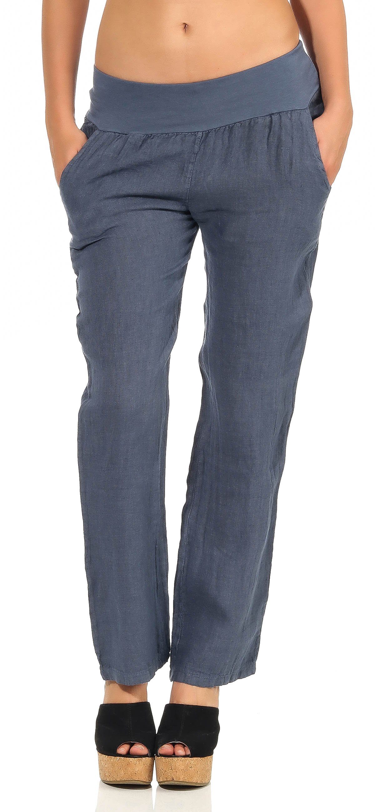 malito more than fashion Leinenhose malito Damen Hose aus Leinen, Stoffhose in Uni Farben, Freizeithose leichte Stoffhose mit elastischem Bund