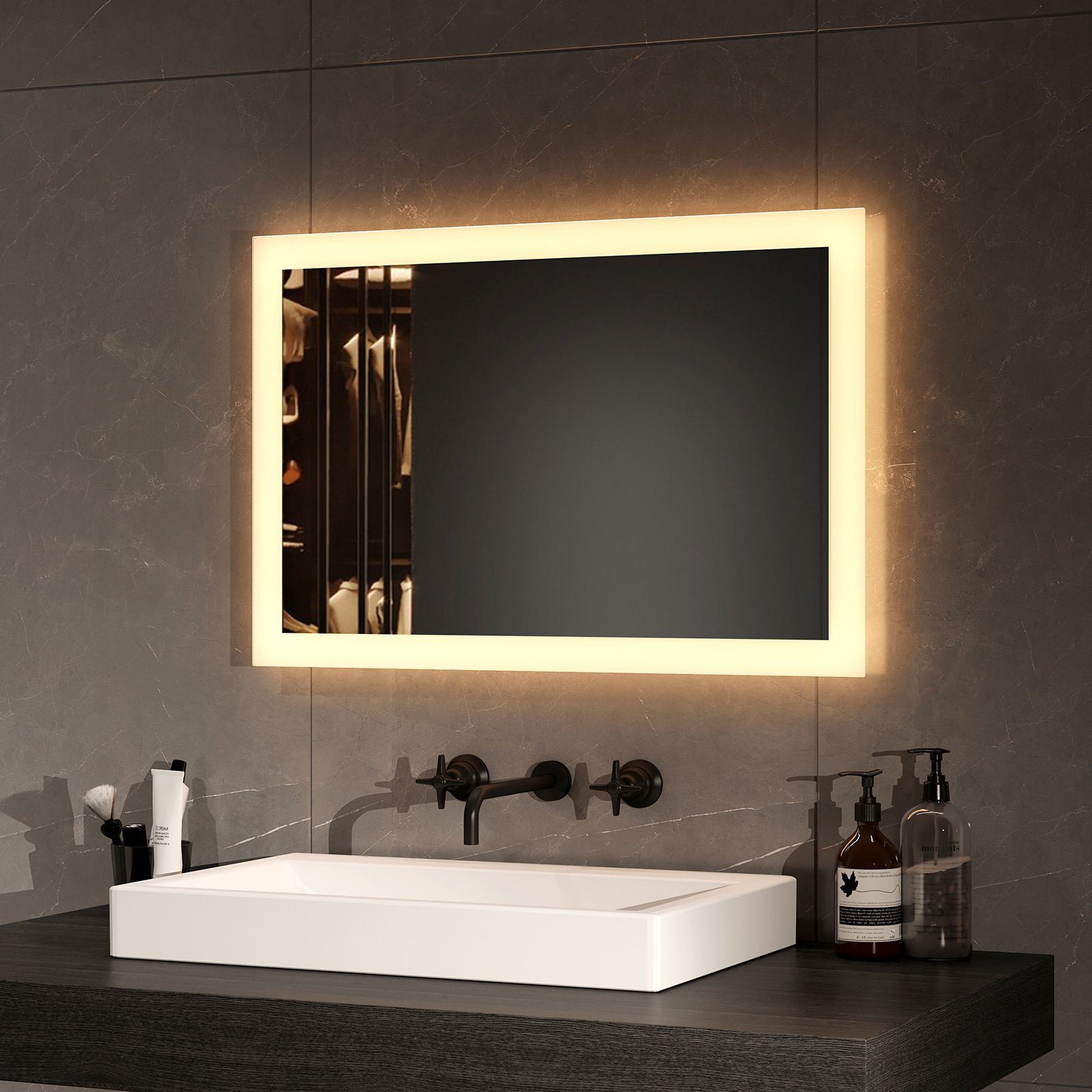 EMKE Badspiegel Badezimmerspiegel LED Badspiegel mit beleuchtung Wandspiegel (Wandschalter, Vertikal und Horizontal möglich), mit Warmweiß Licht 3000K IP44
