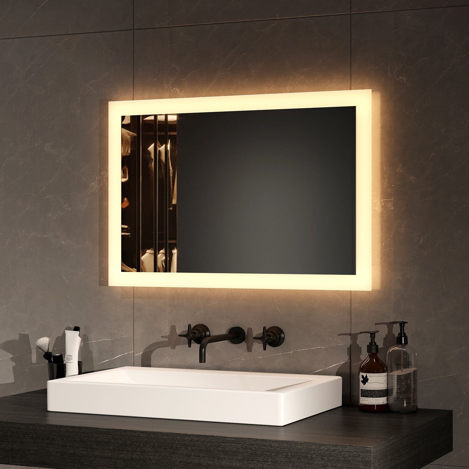 EMKE Badspiegel Badezimmerspiegel LED Badspiegel mit beleuchtung Wandspiegel (Vertikal und Horizontal möglich, Wandschalter), mit Warmweiß Licht 3000K IP44, ohne Stauraum