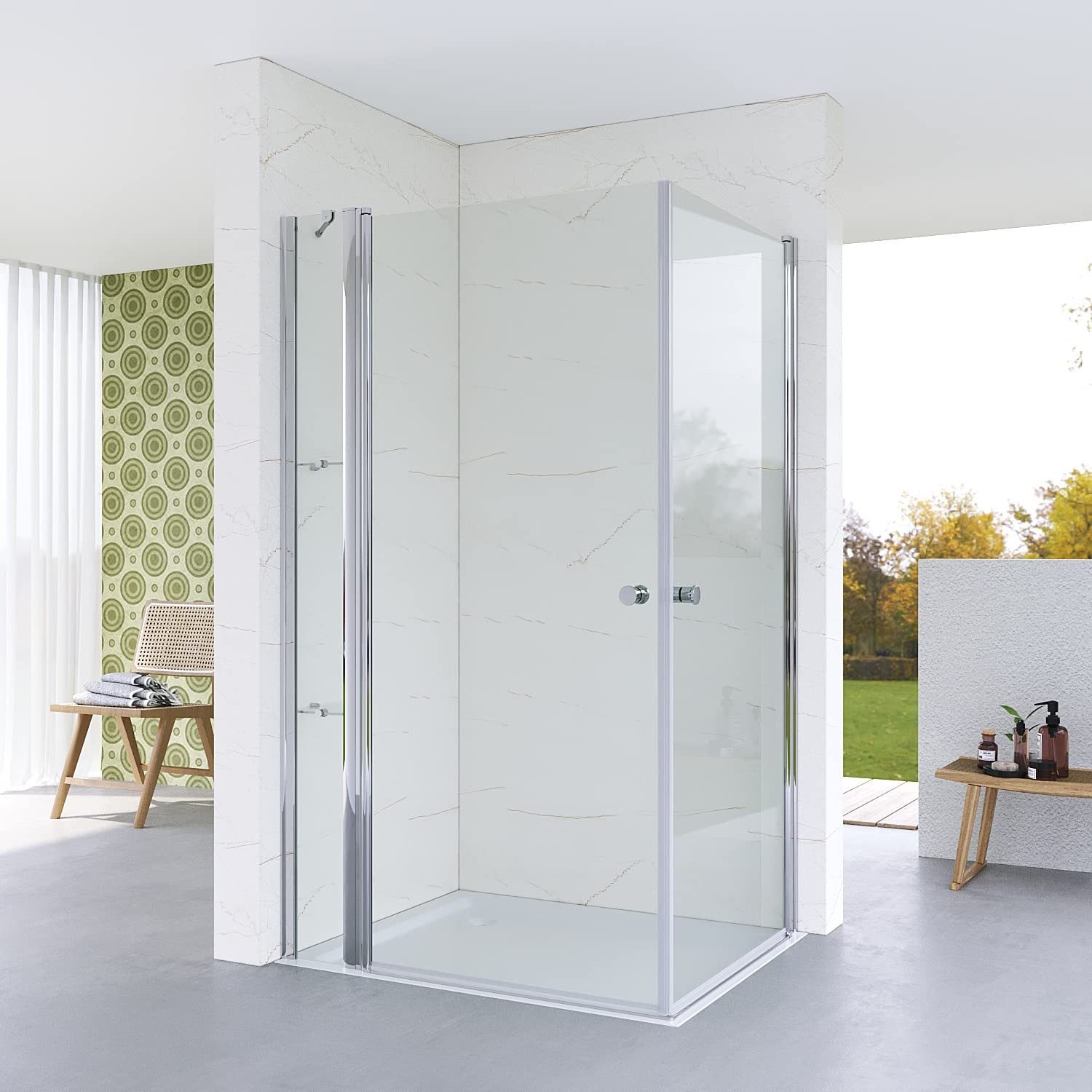 AQUABATOS Eckdusche Duschkabine Eckeinstieg Eckdusche Duschwand Duschabtrennung, BxT: 90x70 cm, Einscheiben-Sicherheitsglas (ESG) 5 mm, Pendeltür Glas Duschtür mit Festteil Drehtür mit Nebenteil Hebe Senk Funktion, rahmenlos, Breite wählbar, Echtglas, Klarglas, mit Verstellbereich, links und rechts montierbar, Sicherheitsglas, barrierefrei, mit Stabilisationsbügel und Duschablage