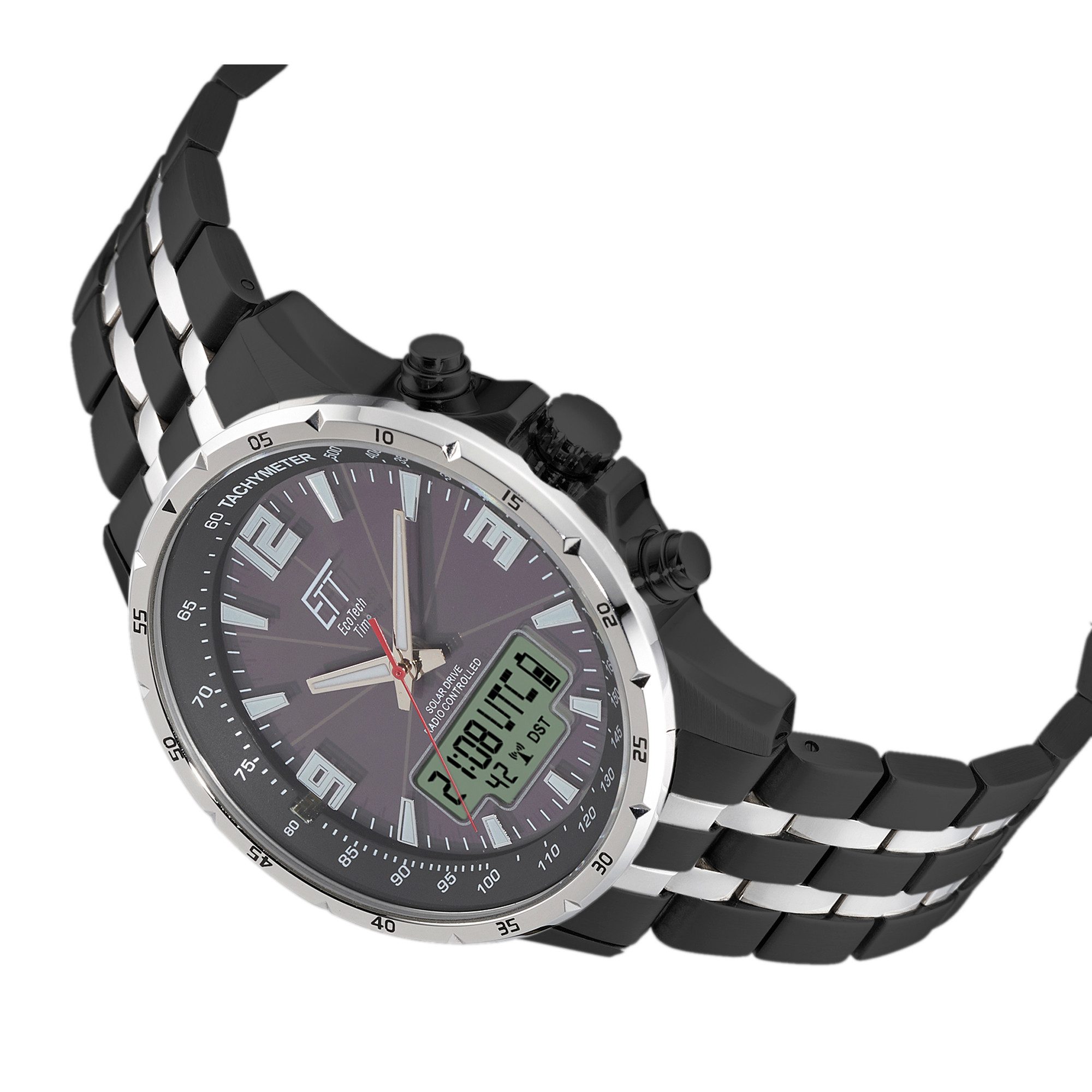 ETT Funk-Multifunktionsuhr Professional WorldTimer EGS-11568-21M, Armbanduhr, Solar, Herrenuhr, Edelstahlarmband, analog, digital, Tag
