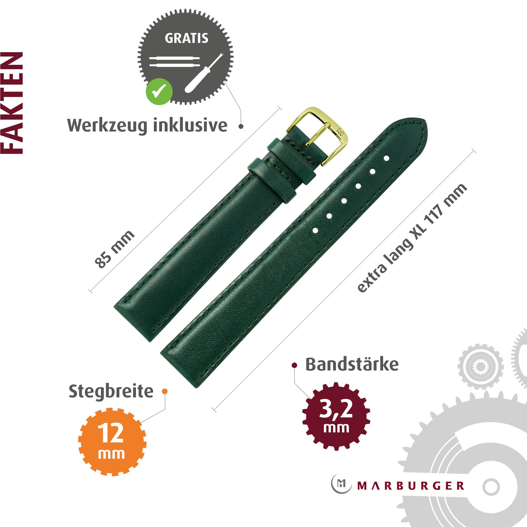 MARBURGER Uhrenarmband 12mm Leder XL Extra Lang
