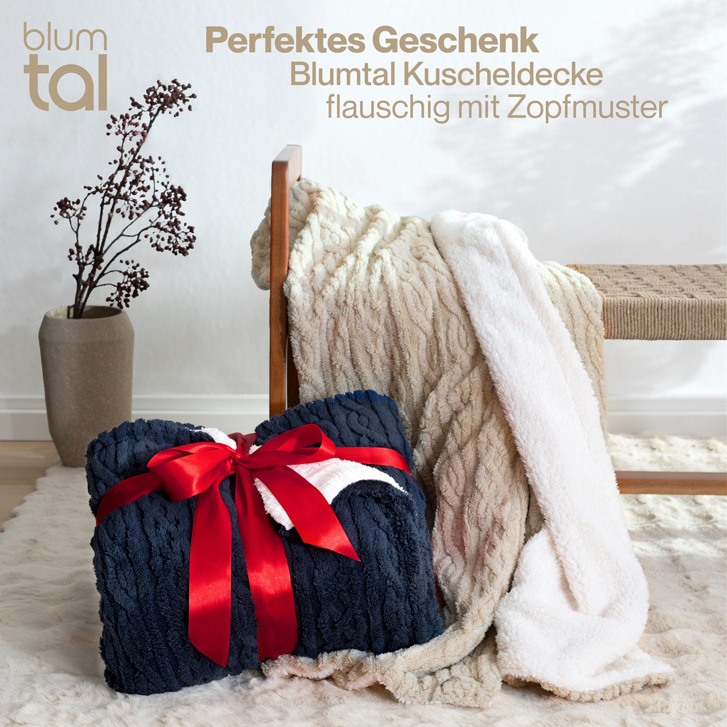 Wohndecke Oeko-TEX zertifizierte waschbare Wohn- & Kuscheldecke, Blumtal, mit weicher Sherpa-Innenseite – Bild 4 von 5