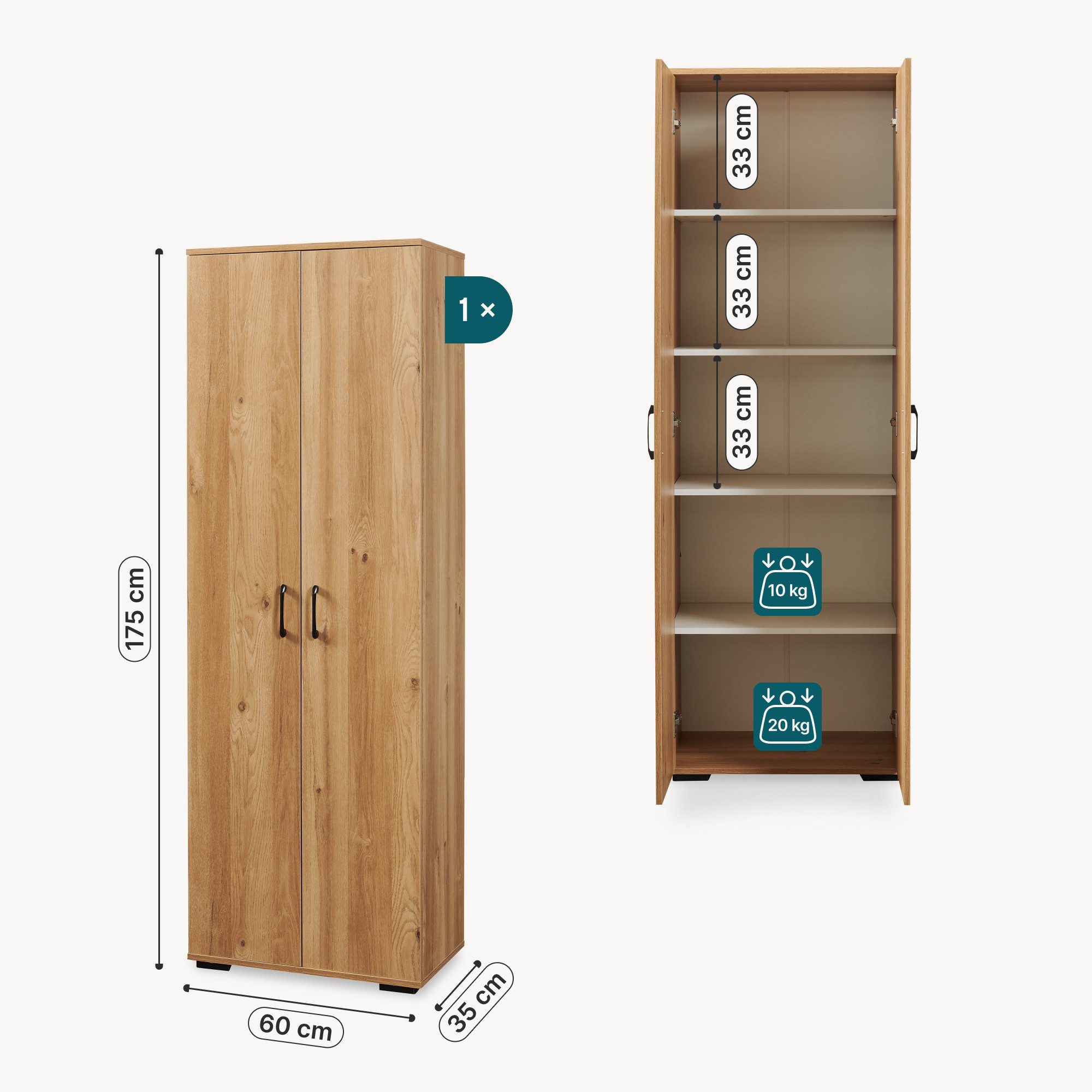 en.casa Mehrzweckschrank »Chalvefted« mit 2 Türen 175 x 60 x 35 cm Eicheoptik