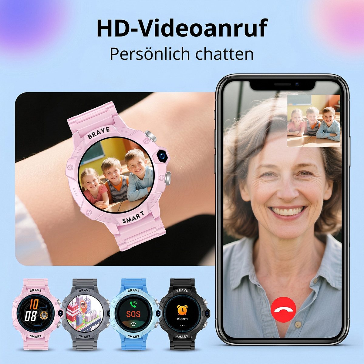 Vashoy Kinder Smartwatch 4G – mit HD-Videoanruf, KI-Echtzeitortung Smartwatch (4 cm/1.38 Zoll, RTOS) Spar-Set, 1-tlg., SOS-Notruf, IP67 wasserdicht, geschlossenes System ohne App-Store, für Jungen und Mädchen im Alter von 5 bis 16 Jahren